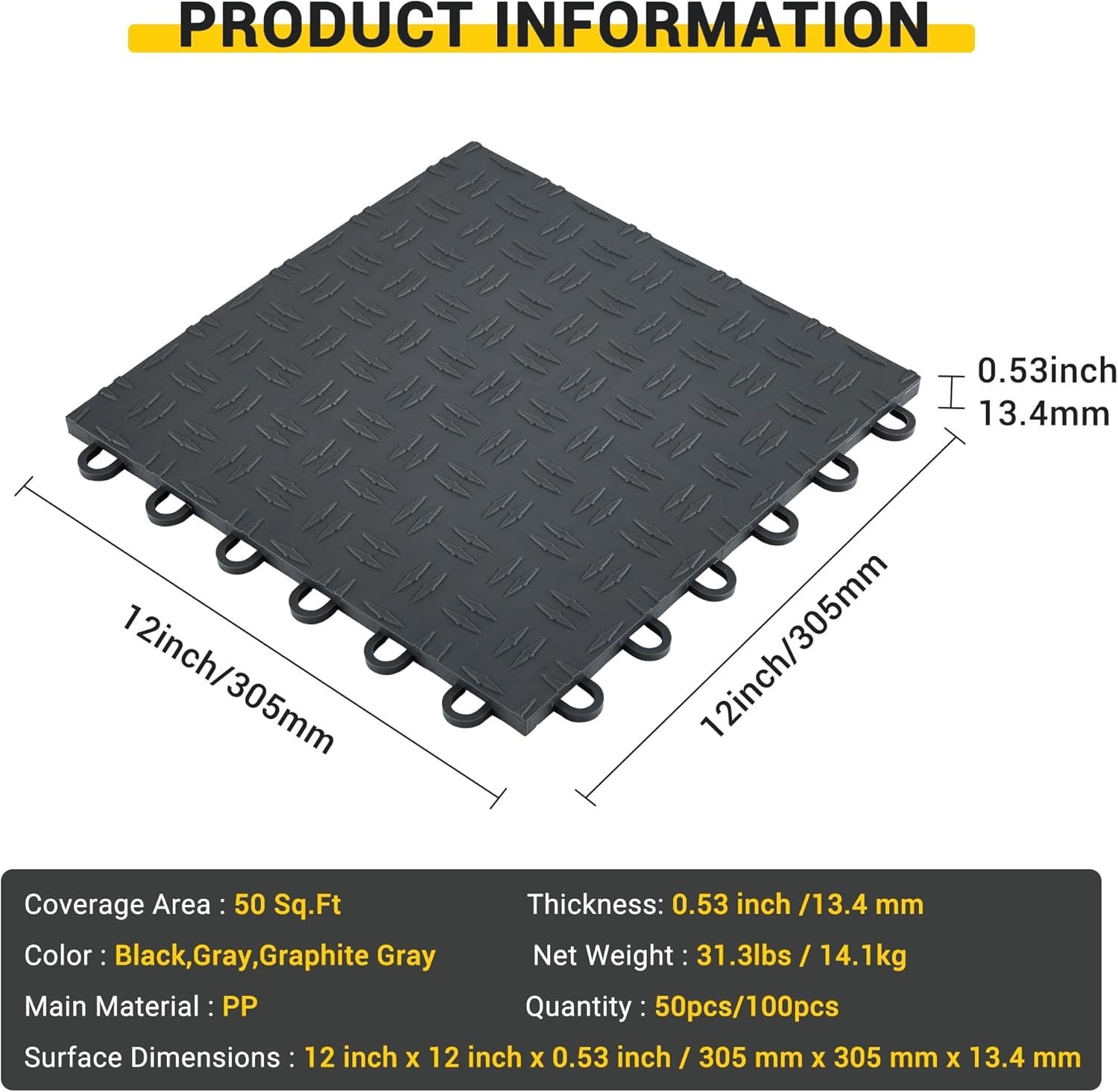 50/100 Pack Interlocking Garage Floor Tiles 12×12 Heavy Duty PVC Nonslip Diamond