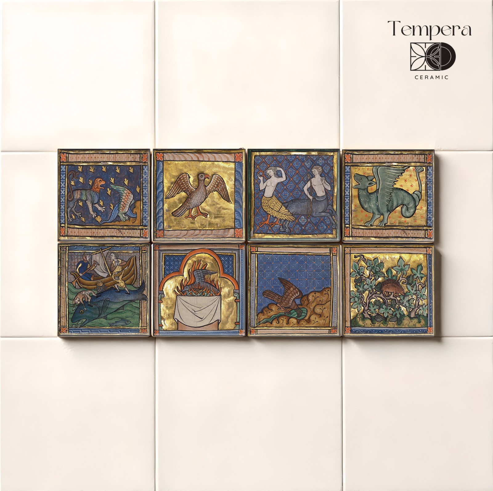 Medieval Beasts Accent Tiles, Bestiaries Decor tiles, 8 accent medieval tiles