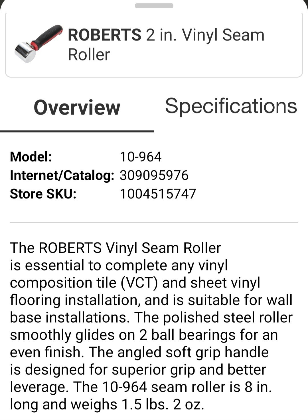 Roberts Vinyl Seam Roller 2″ 1.5 Lb Solid Chrome (MSRP $40)