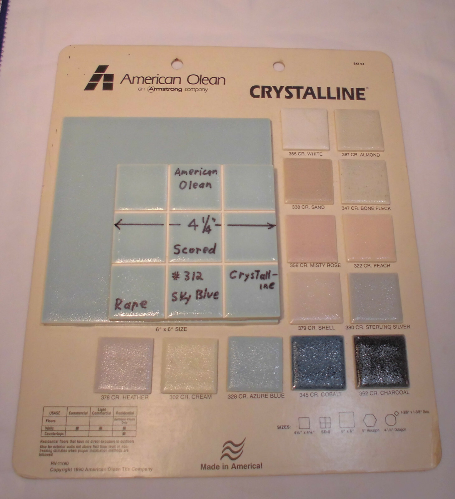 1 pc. 4-1/4″ Ceramic Tile *Sky Blue* Scored 9ths Crystalline; by American Olean
