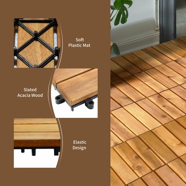 Costway 27PCS 12″ x 12″ Acacia Wood Deck Tiles Interlocking Patio Stripe Pattern