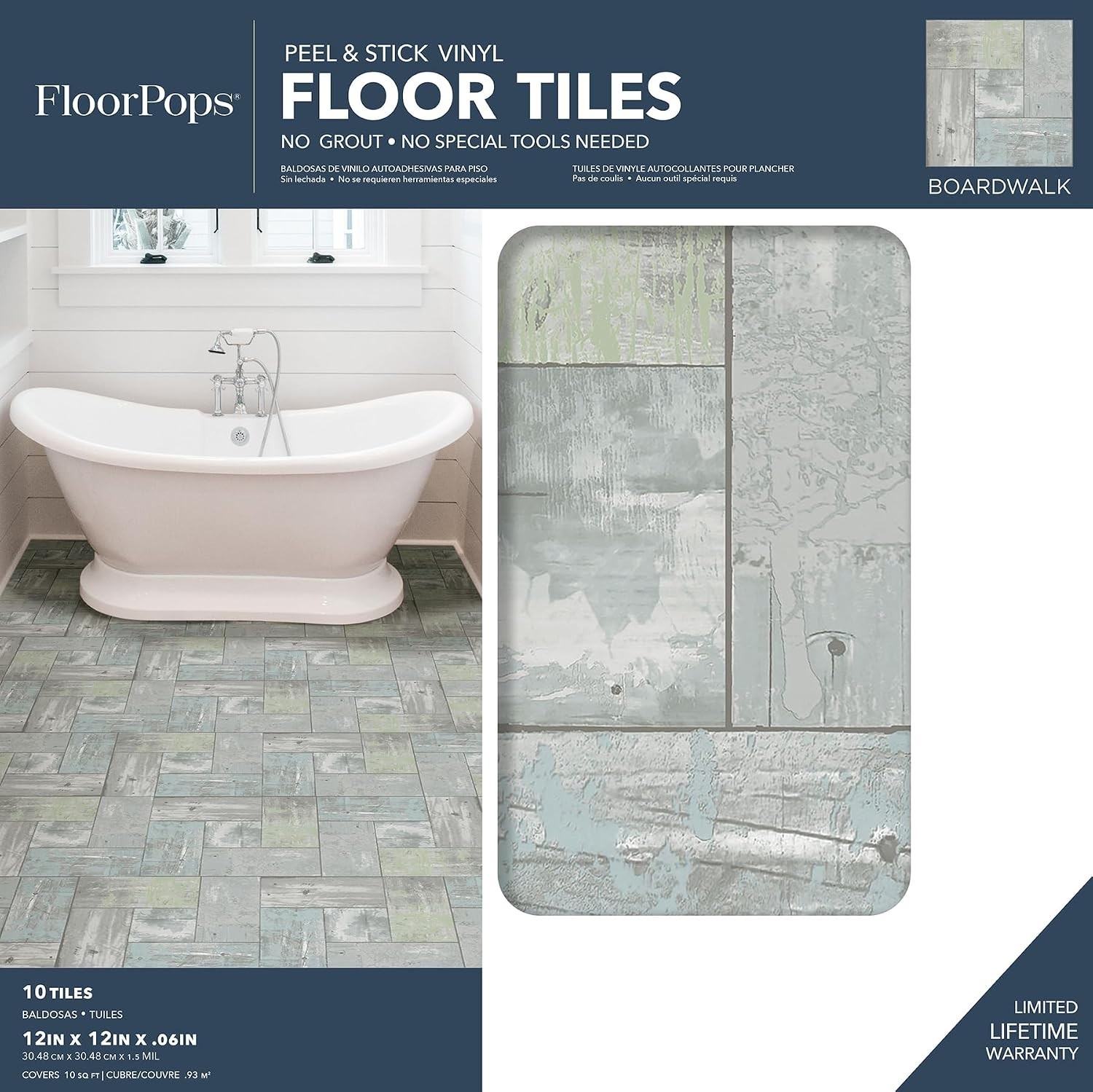 Easy Install Peel & Stick Floor Tiles – Shabby Chic Wood Look in Grey, 10-Pack