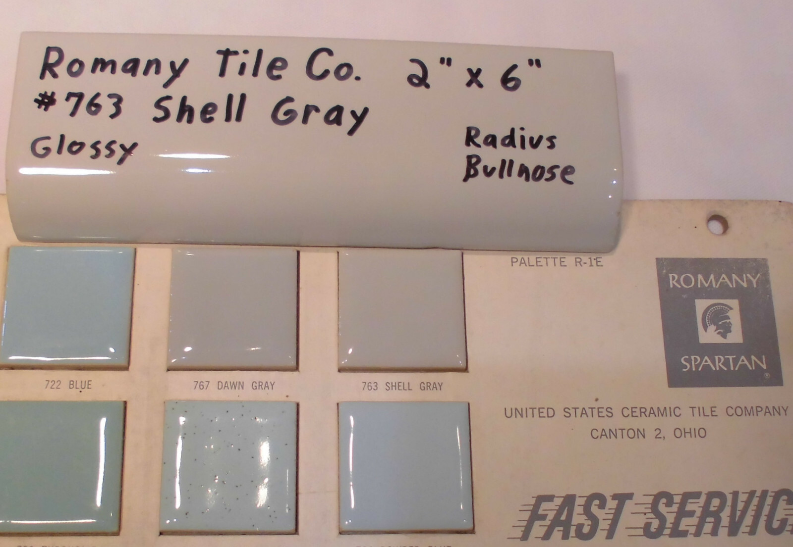 1 pc. *Shell Gray* 2″ X 6″ Radius Bullnose Ceramic Tile by Romany Co. 1950’s