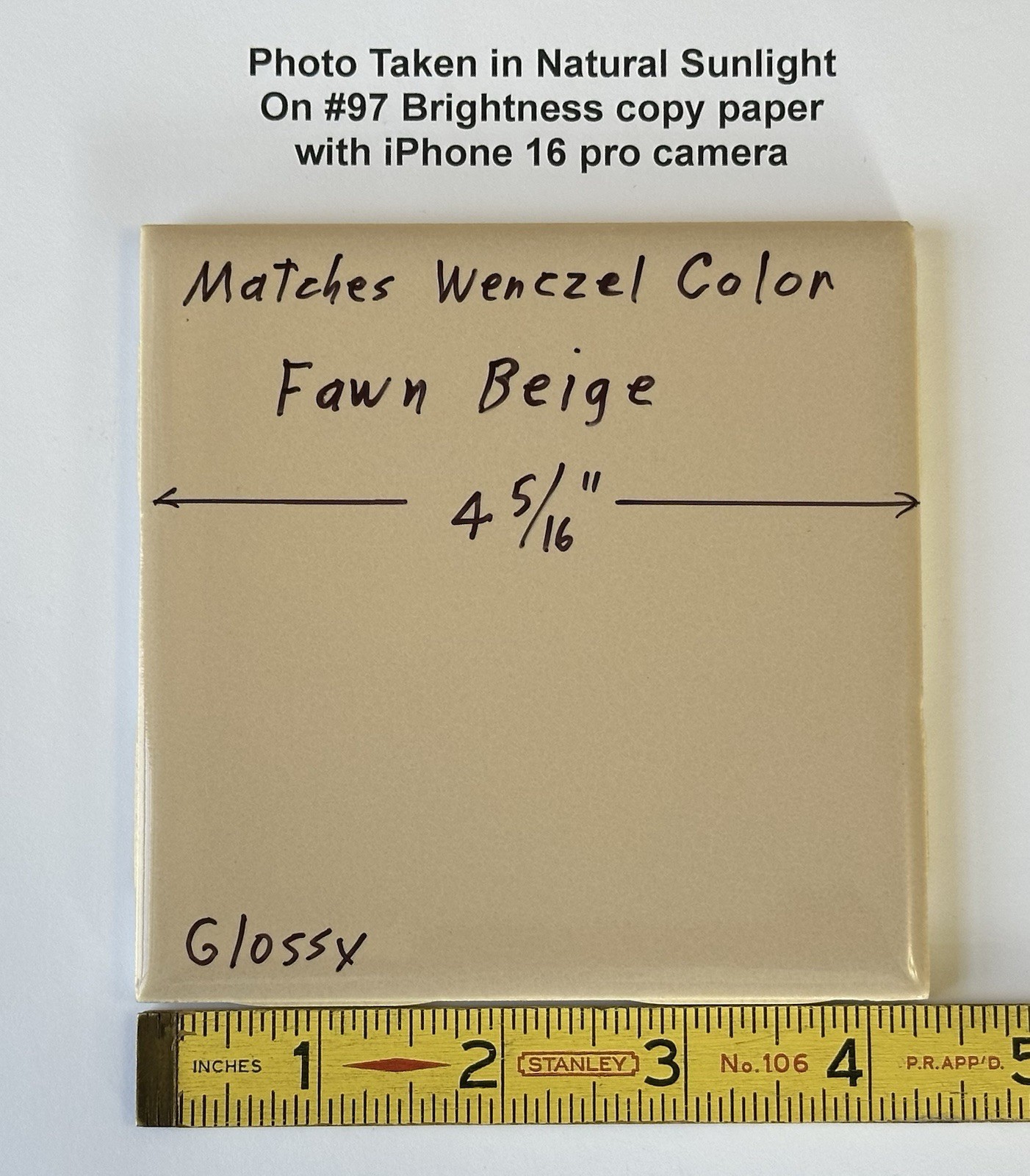 1 pc. Fawn Beige: 4-5/16″ Glossy Ceramic Tile, matches Wenczel Color #223, NOS