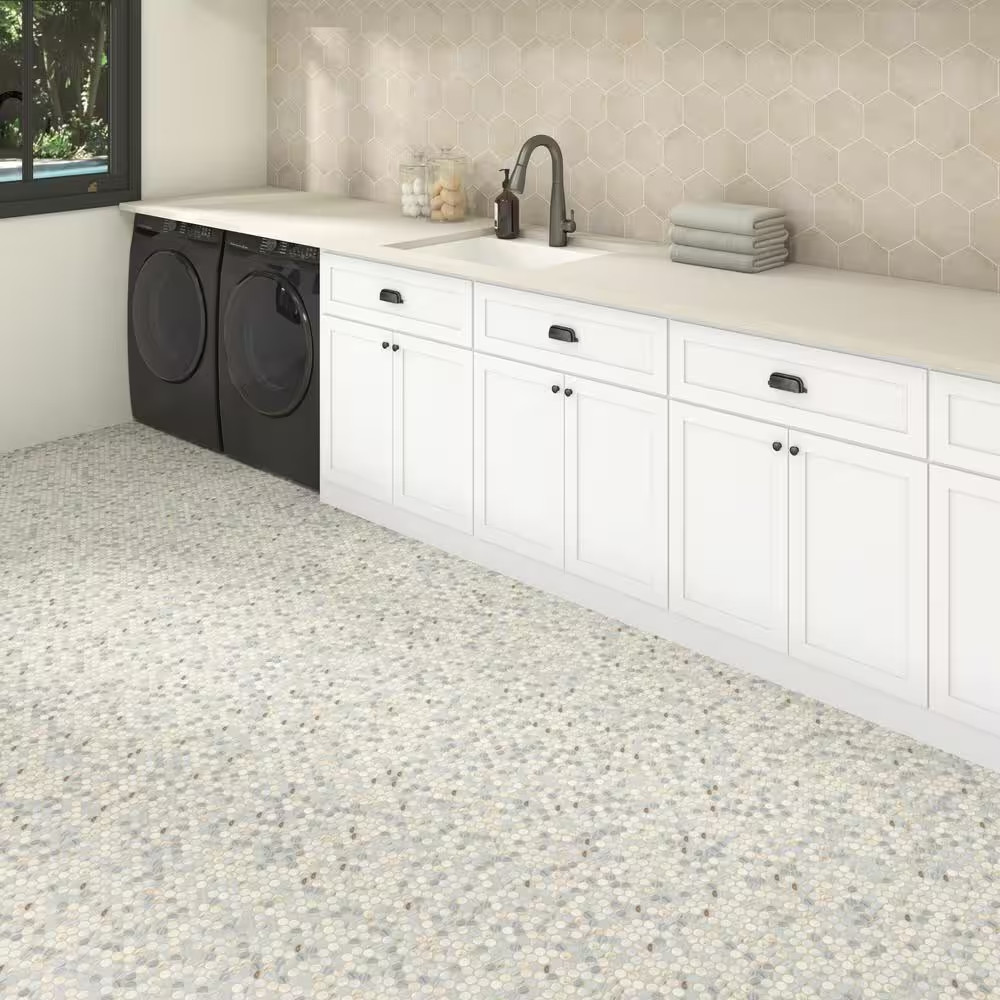 Lamora Marble Coastal Blue 11 In. X 13 In. Glazed Ceramic Penny round Mosaic Til