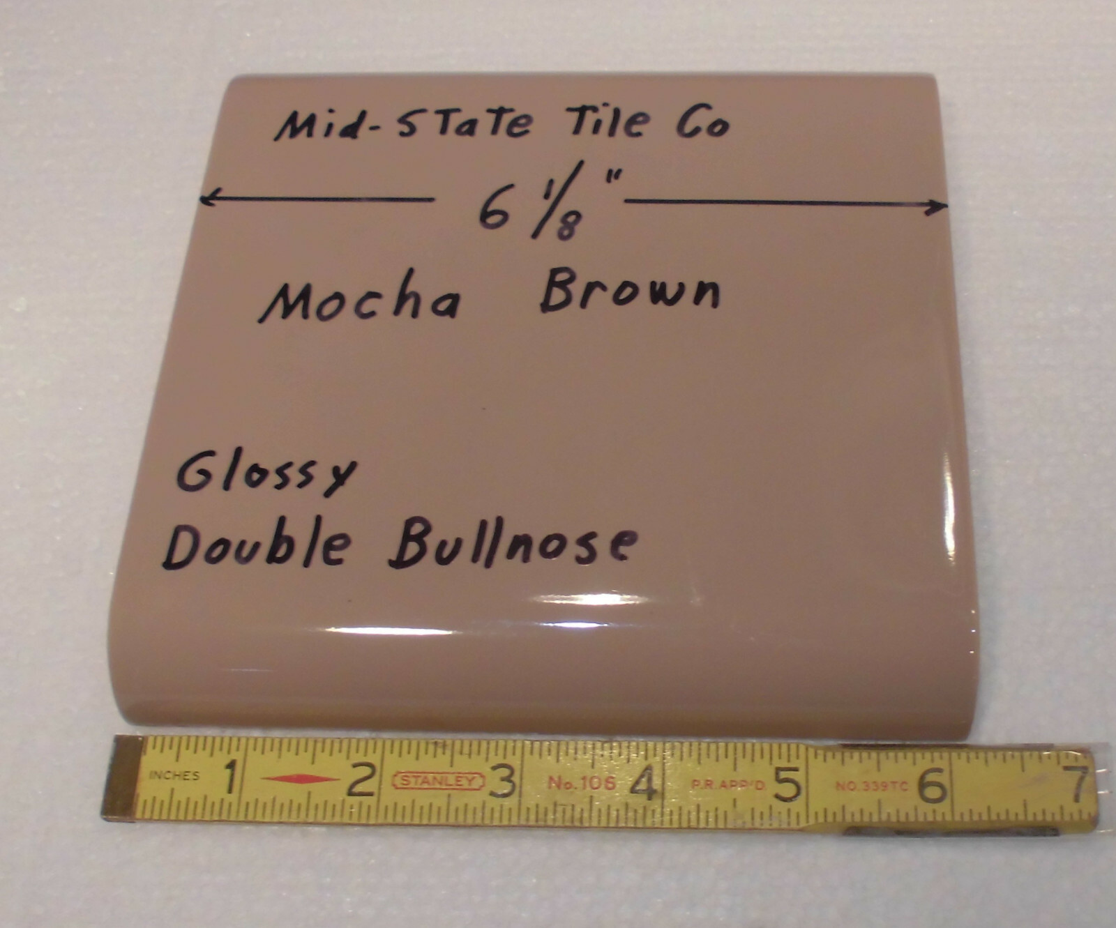 1 pc. Mocha – Brown 6″ x 6″ Double Radius Bullnose Glossy Ceramic Tile: NOS