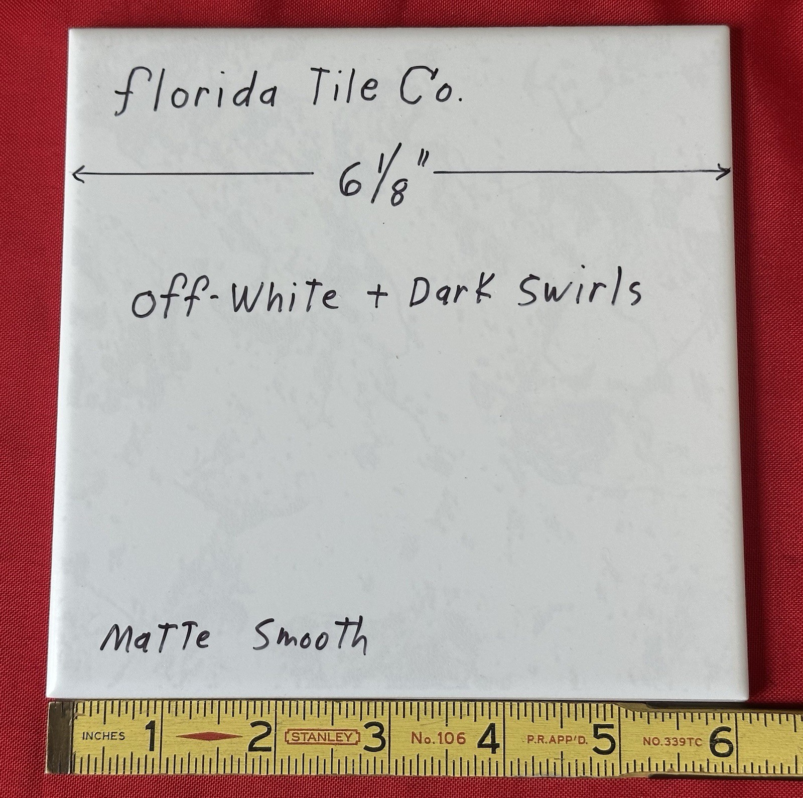 1 pc. Off-White + Dark Swirls: 6-1/8″ Square, Matte Ceramic Tile by Florida, NEW
