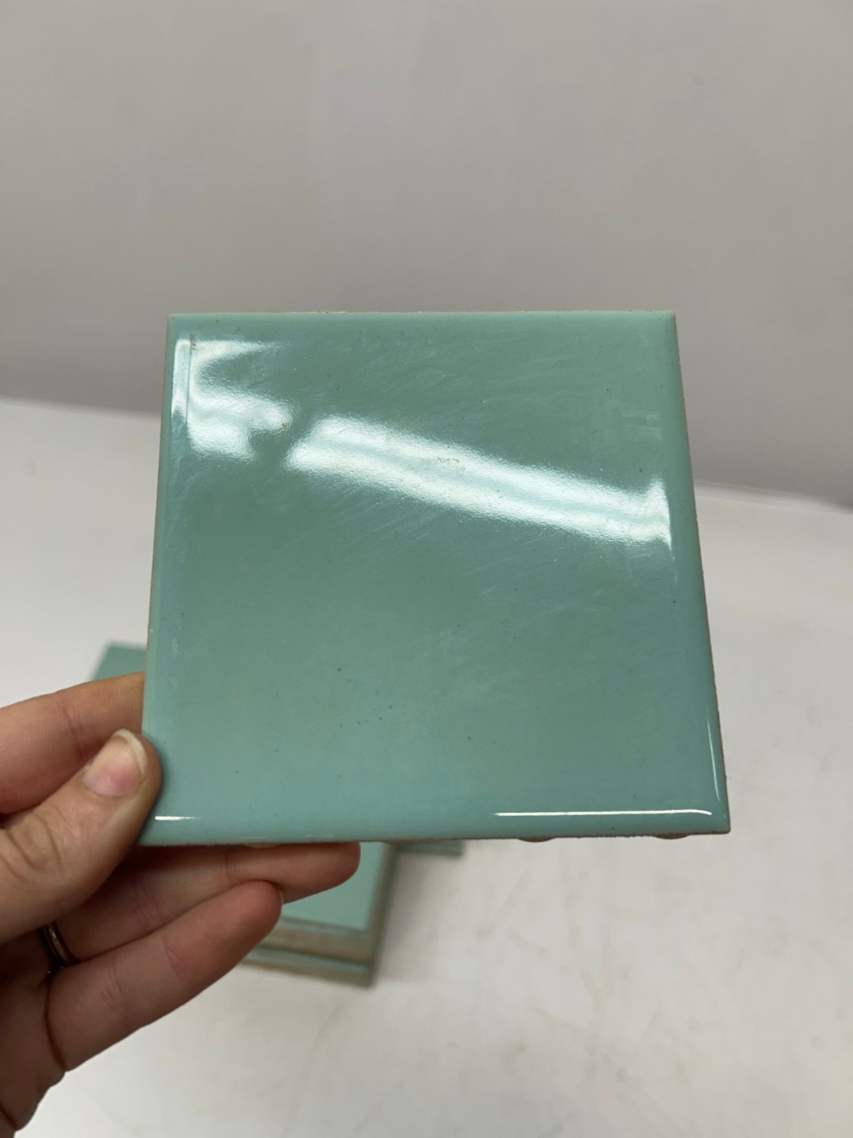 50 Vtg USQTCO Romany Ceramic Tile Blue Green MCM 4.25″ Tiles Kitchen Bath Used A