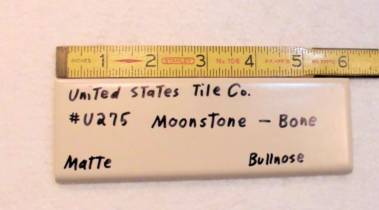 1 pc. Matte Bone: Bullnose Surface Flat Ceramic Tile #U-275 Moonstone, Made USA