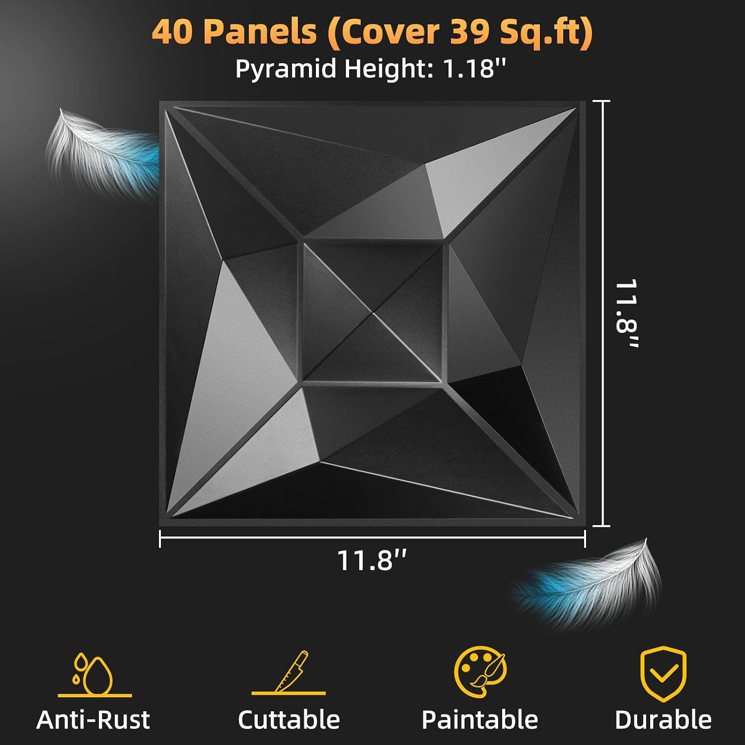 40 PCS 3D Wall Panels for Interior Wall Décor Black 11.8″*11.8″ Covering Panels,