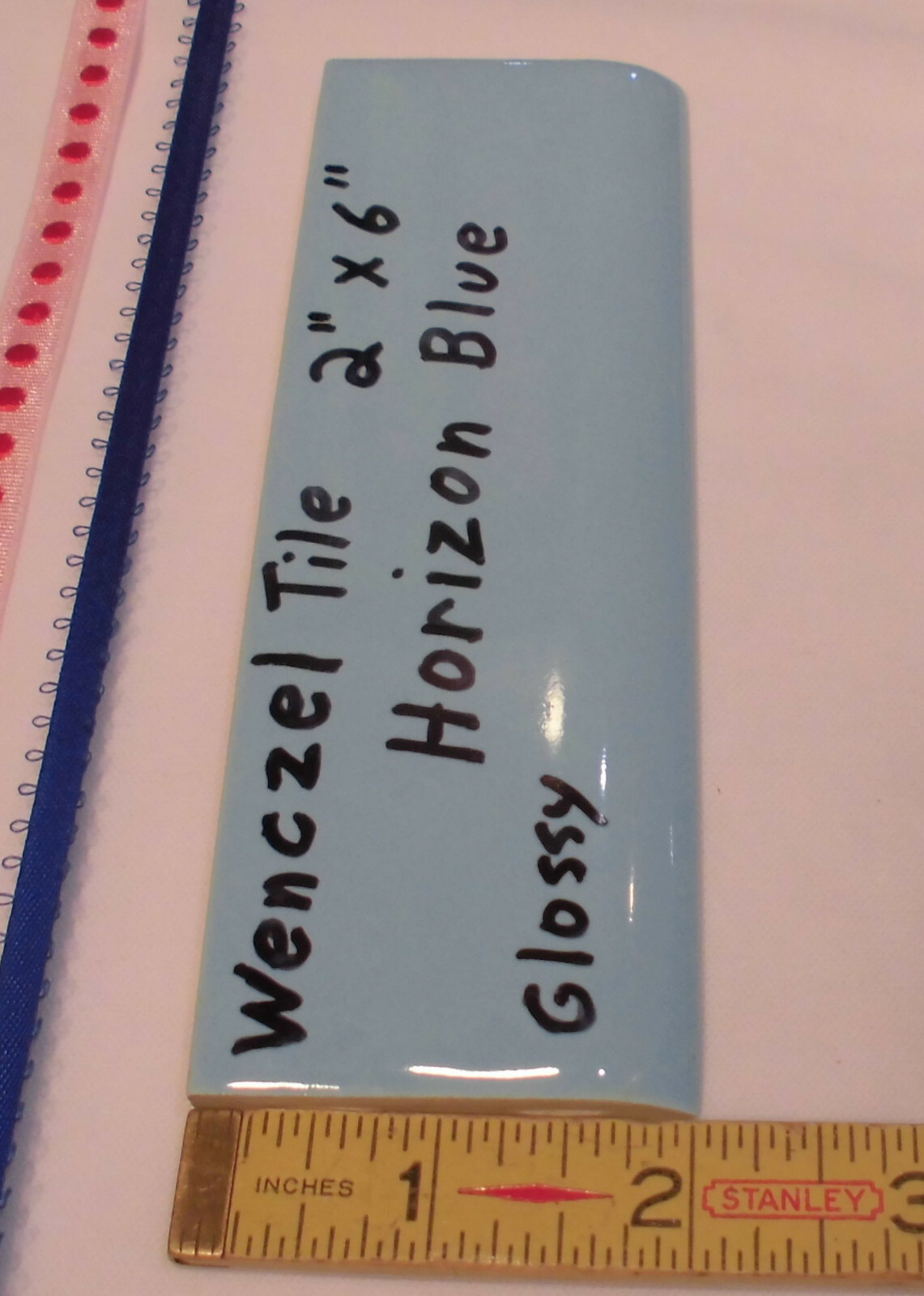 1 pc. Glossy *Horizon Blue* 2” X 6” Bullnose Ceramic Tile by Wenczel Co. NOS