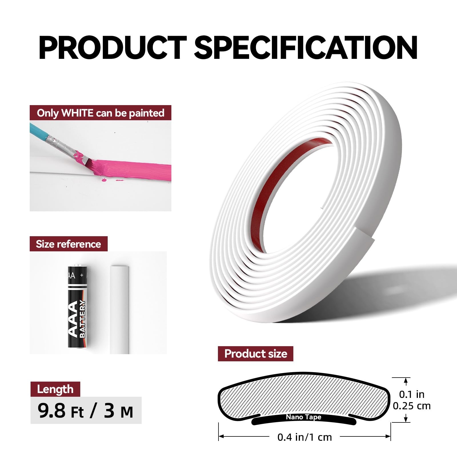 9.8 Ft Peel and Stick Wall Molding Trim Waterproof Paintable White PVC