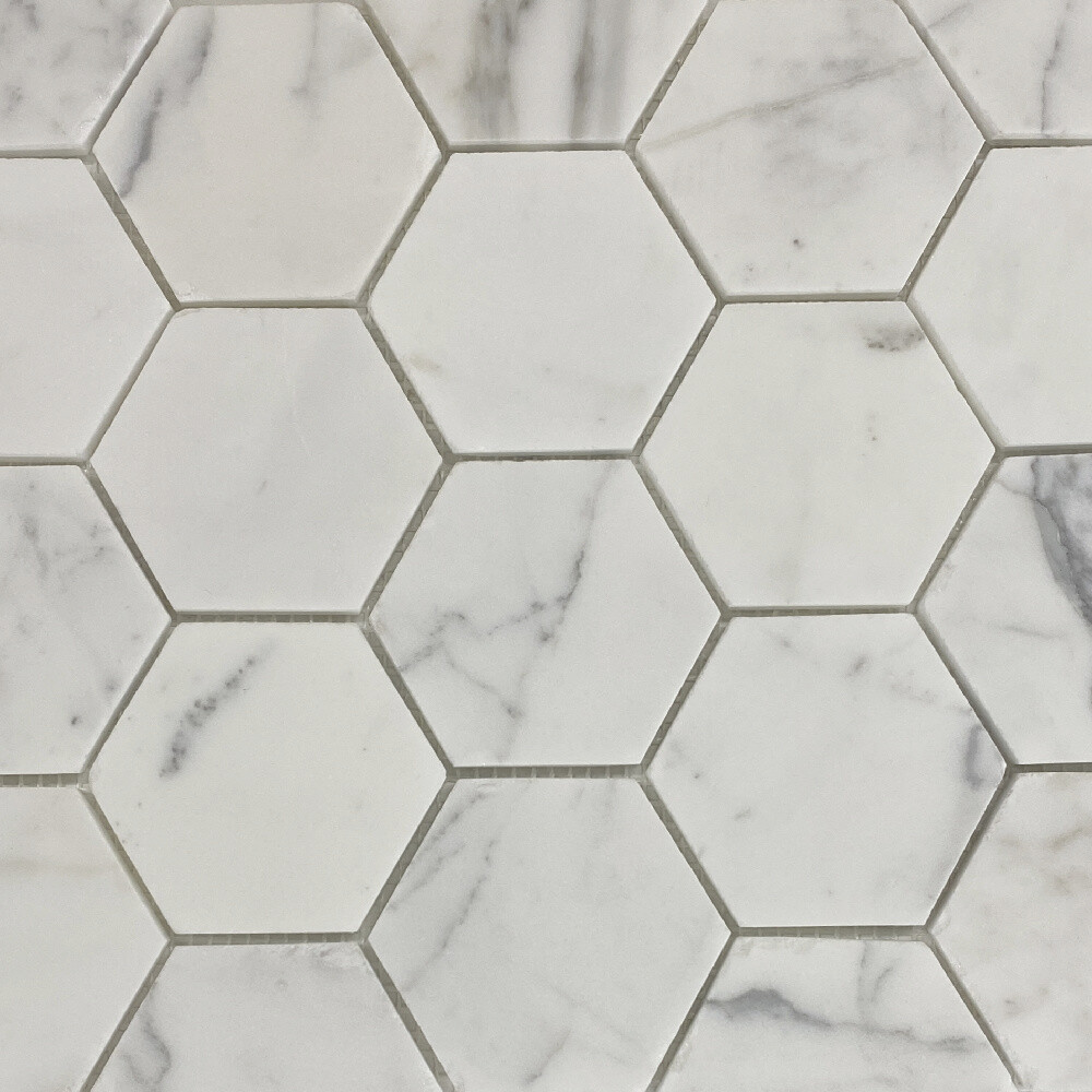 L33XH Statuary White Marble 3 inch Hexagon Mosaic Tile Honed