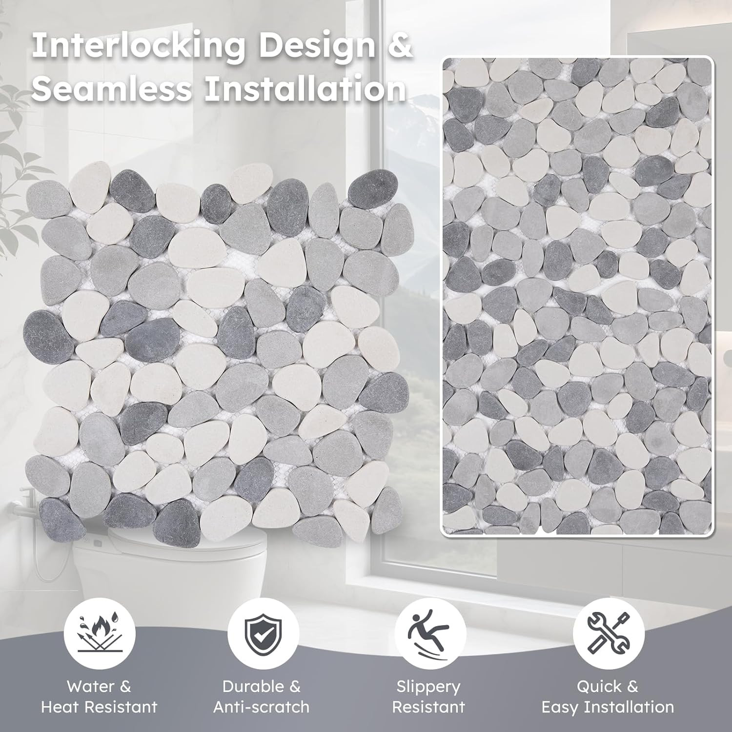 Pebble Tile for Shower Floor, Gray and White Oval, 5 Sheets, Pebble Backsplash f