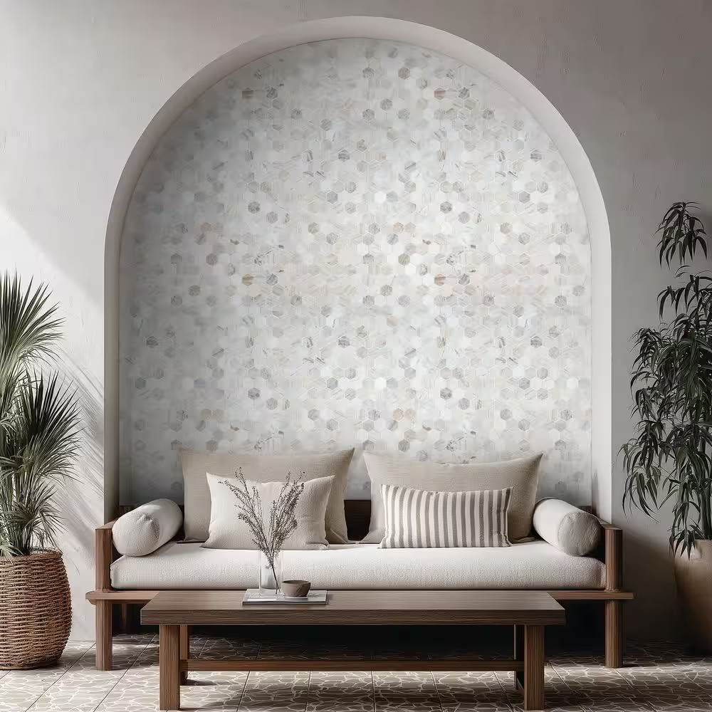 Angora 2 In. Hex 12 In. X 12 In. X 0.38 In. Polished Marble Mesh-Mounted Mosaic