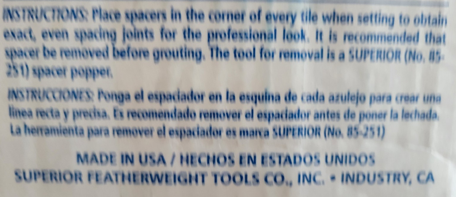 SUPERIOR FEATHERWEIGHT TOOLS CO WHITE SILICONE TILE SPACERS 550 PIECES