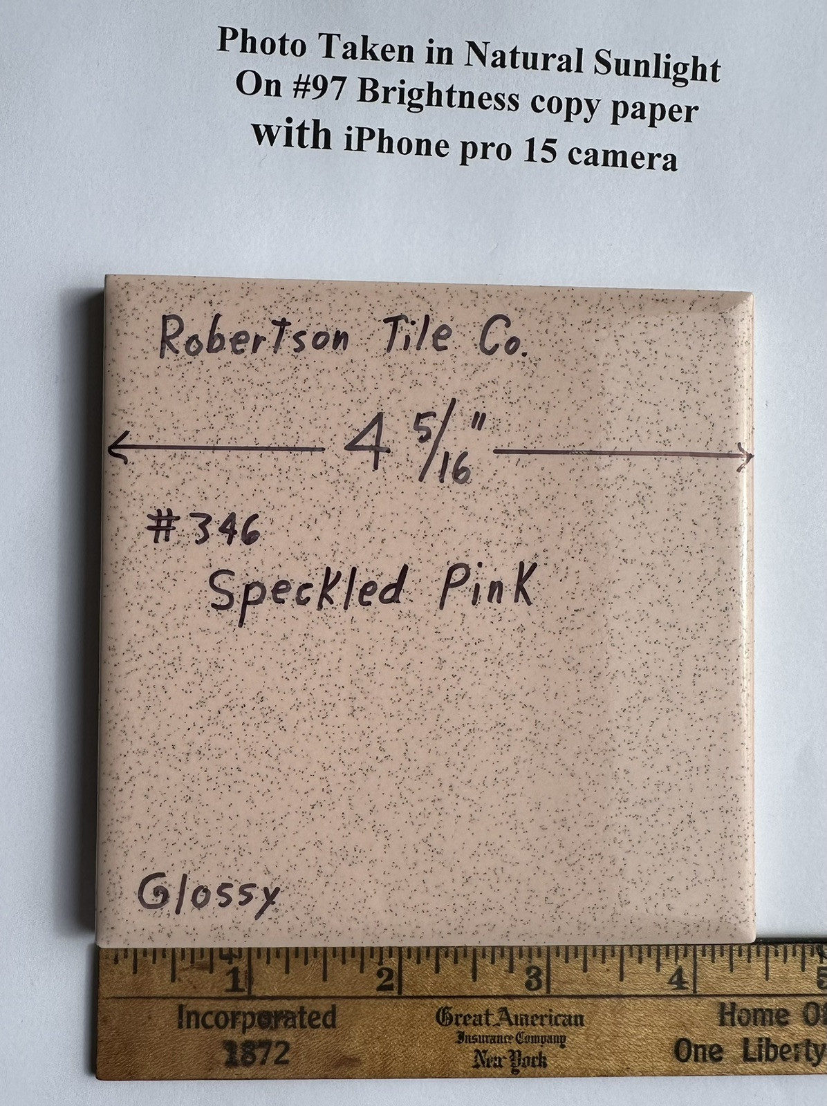 1 pc. Speckled Pink: 4-5/16″ Ceramic Tile by Robertson, pink + tiny specks, NEW