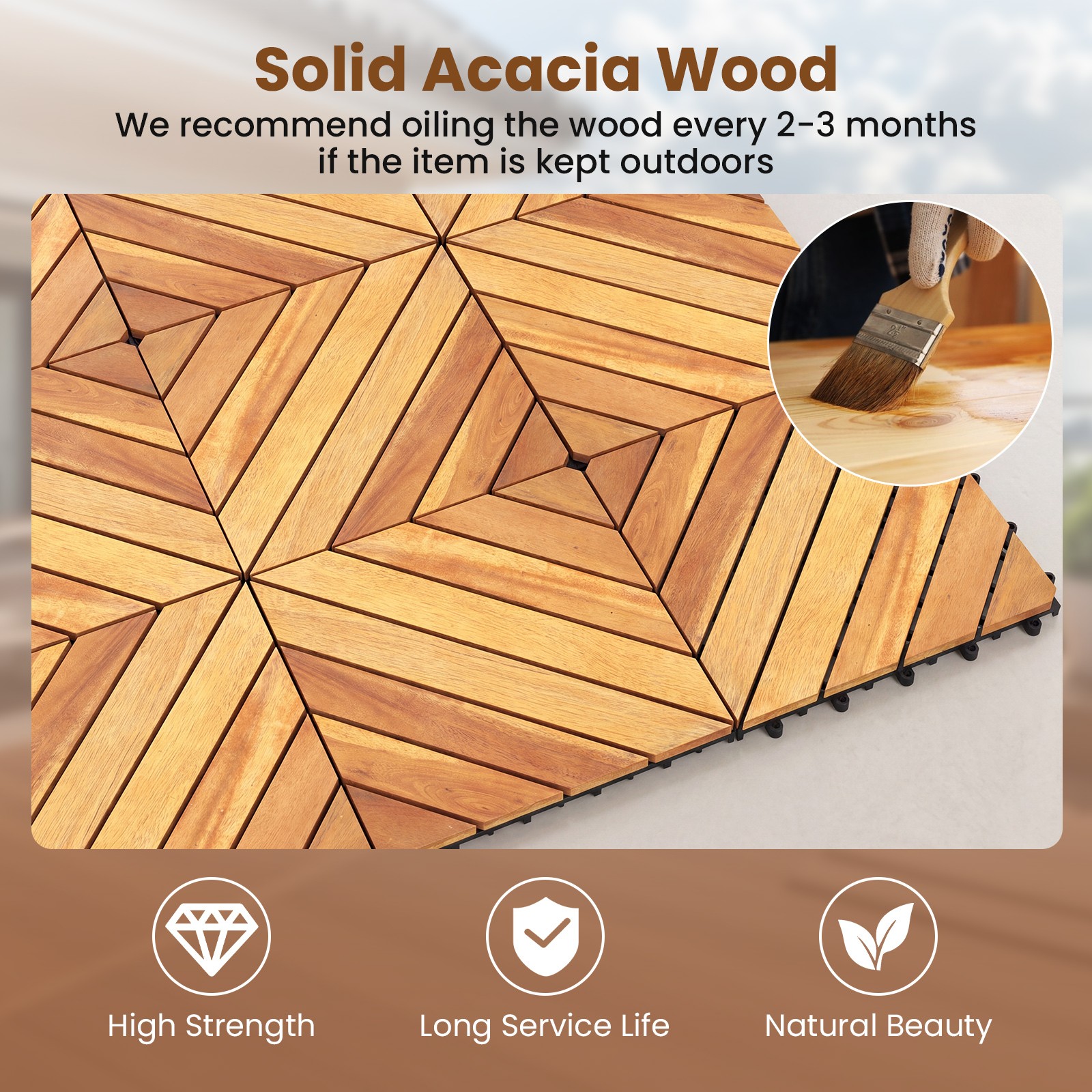 12″ x 12″ Acacia Wood Interlocking Deck Tiles24 PCS Waterproof Flooring Tiles