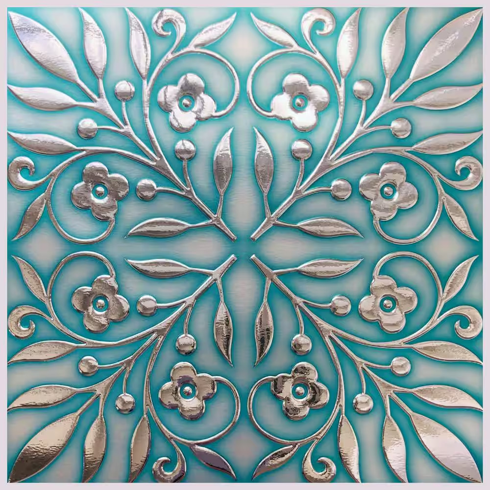 8″ X 8″ Teal and Silver Leaves Foil Peel & Stick Paper Tile Backsplash (24-Pack)