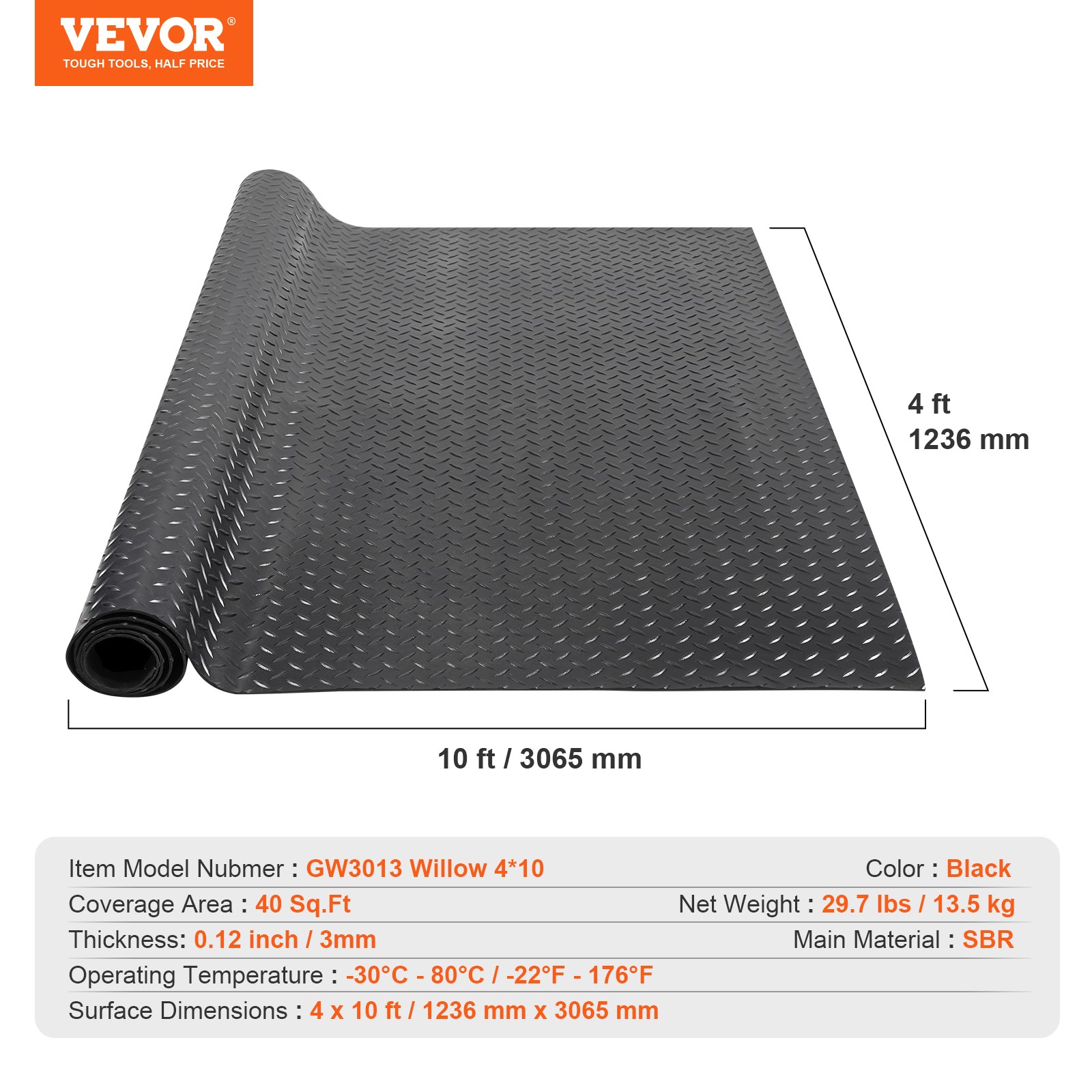 VEVOR Diamond-Plate Rubber Flooring Roll 3mm x 4ft x 10ft Garage Floor Mat SBR