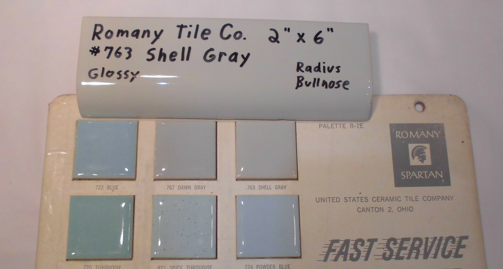 1 pc. *Shell Gray* 2″ X 6″ Radius Bullnose Ceramic Tile by Romany Co. 1950’s