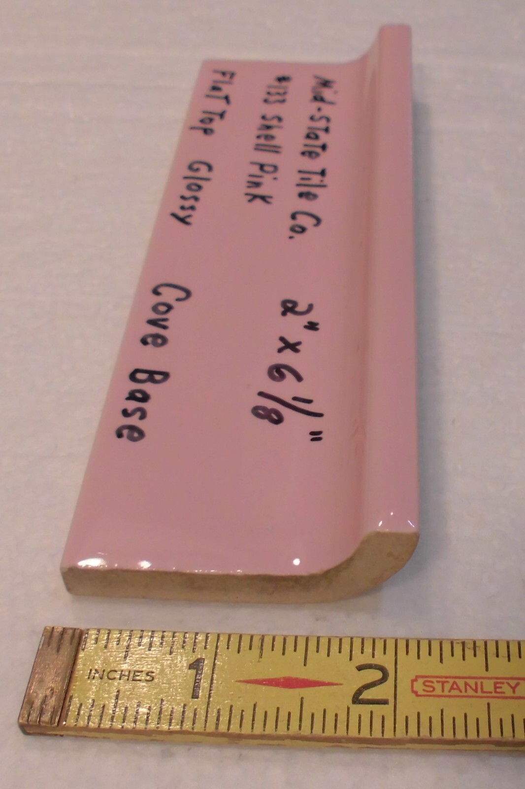 1 pc. Shell Pink 2” X 6-1/8” Glossy Ceramic Cove Base Tile, Flat Top, Mid-State