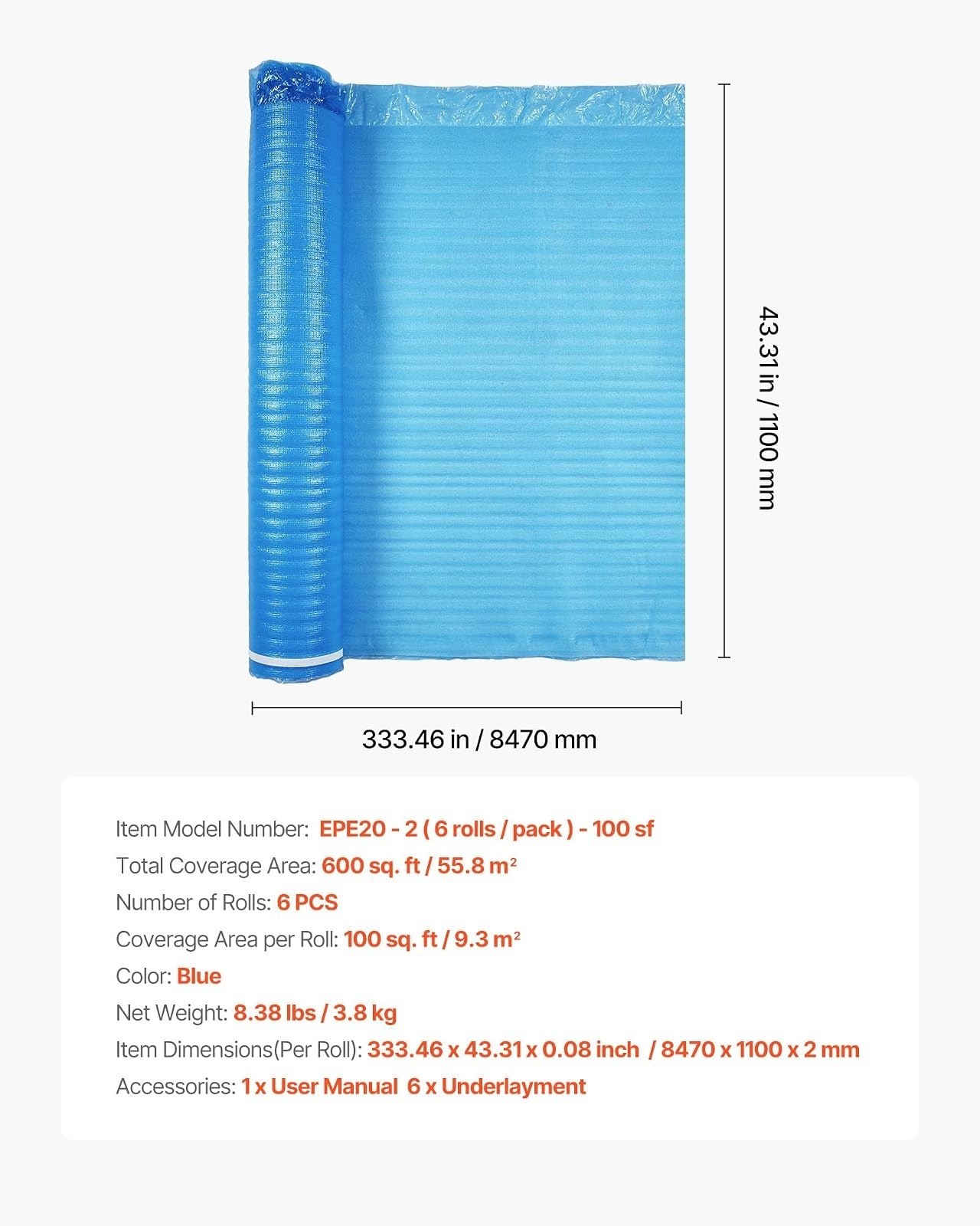 VEVOR Floor Underlayment 600 sq ft 3-in-1 Heavy Duty EPE Foam Padding