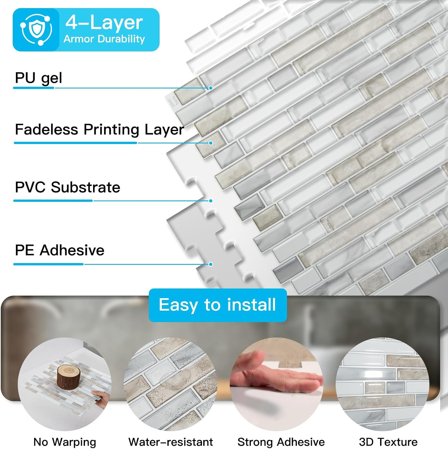 10-Sheet Heavy-Duty Peel and Stick Backsplash, Waterproof Wall Tiles Stick on Ki