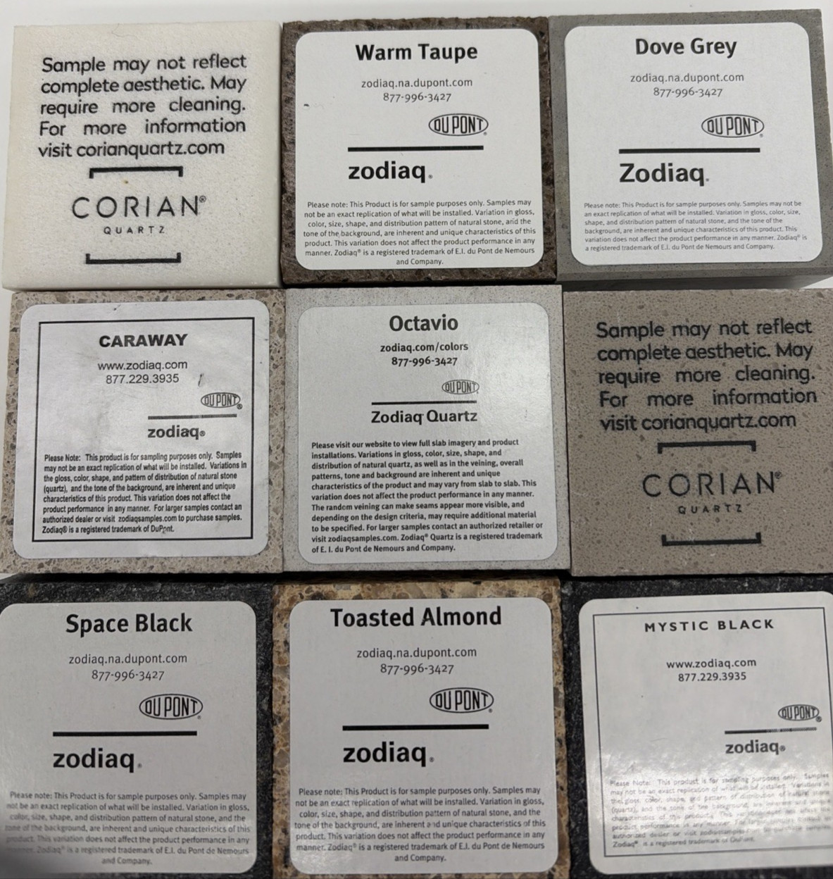 DuPont Zodiaq Quartz 12 Pc Swatches 2×2 Countertop Tile Sample Lot Corian Quartz