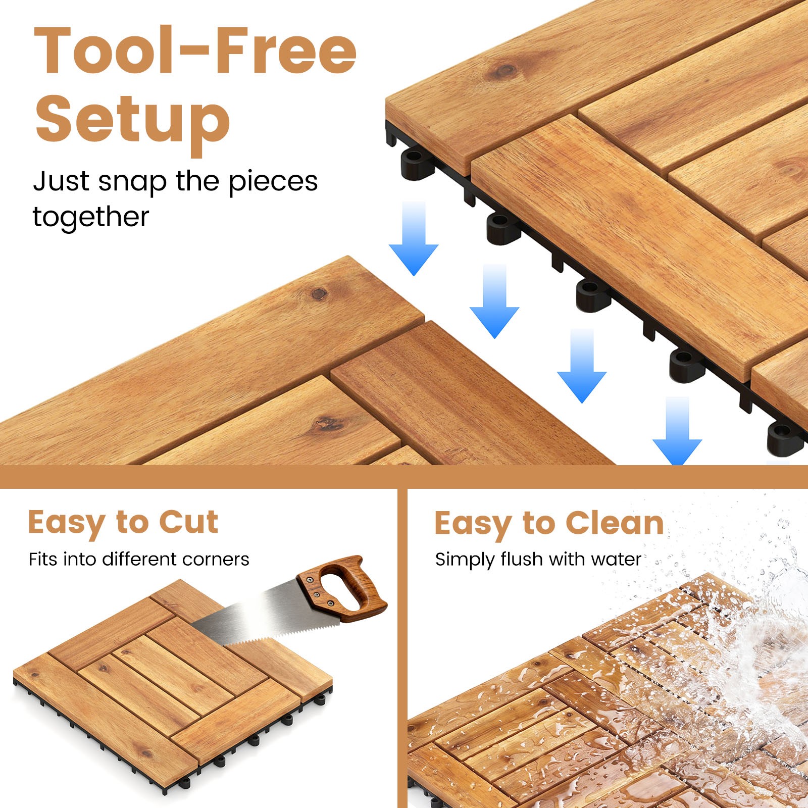 12″ x 12″ Acacia Wood Interlocking Deck Tiles54 PCS Waterproof Flooring Tiles