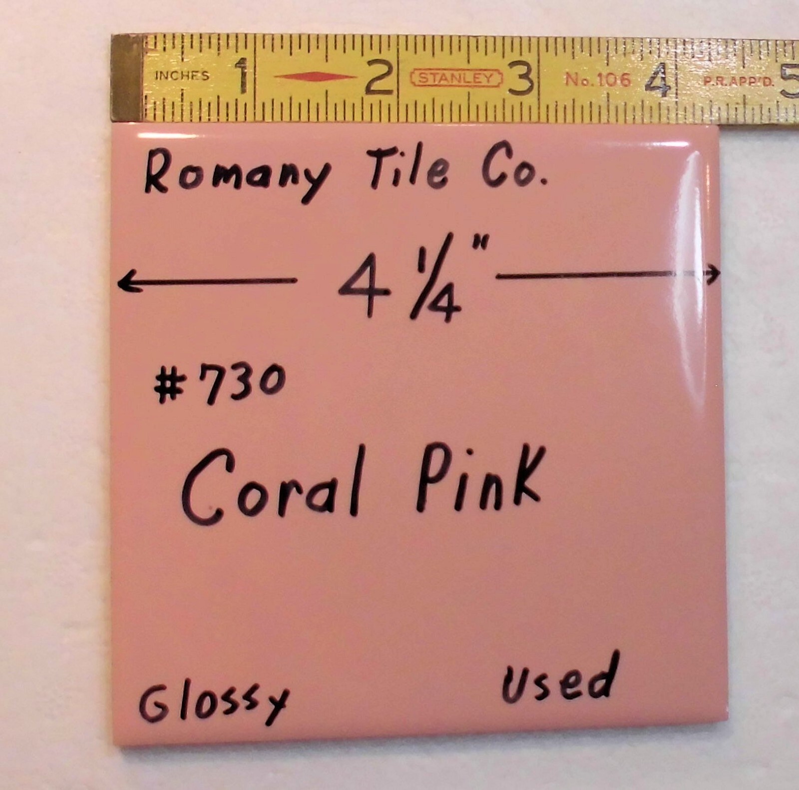 1 pc. Coral Pink #730 by Romany Tile Co. 4-1/4″ Glossy Ceramic from 1940’s Used