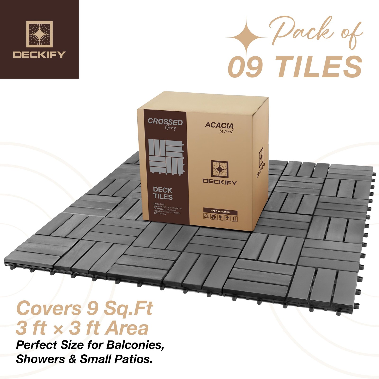 9Pcs Acacia Wood Interlocking Patio Deck Tiles, 12 x 12 x 0.9 Inch Outdoor Fl…