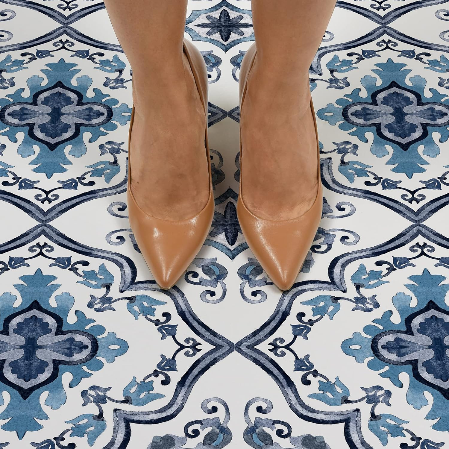 Marrakesh Peel and Stick Floor Tiles, Blue, Floral Vinyl Floor Tiles, Water Resi