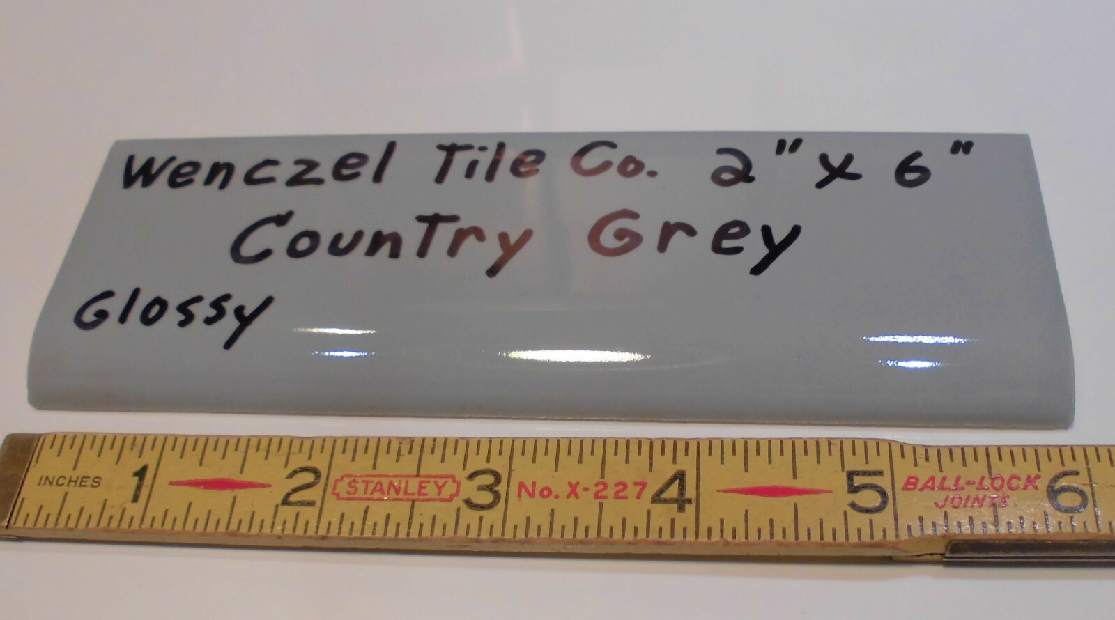 1 pc. Vintage Glossy *Country Gray* 2” X 6” Bullnose Ceramic Tile by Wenczel Co.