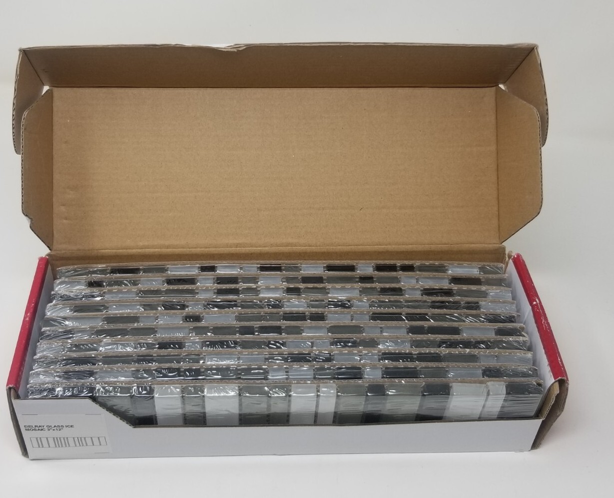 Eliane Delray Glass Ice Mosaic Tile Border 3″ x 12″ Black, Gray & White – Box 10