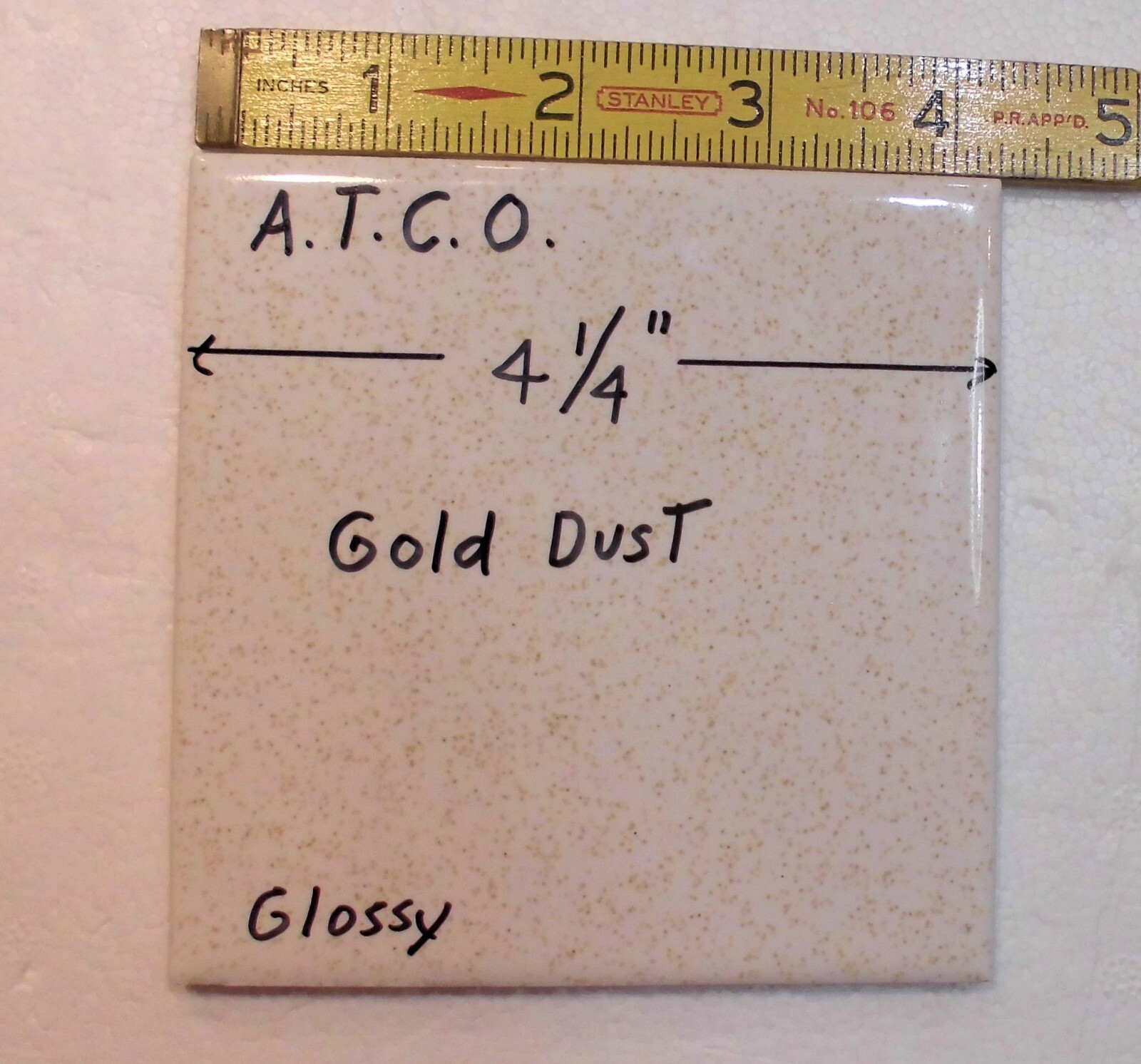 1 pc. *Gold Dust* 4-1/4″ Glossy Ceramic Tile: by A.T.C.O. white + gold specks