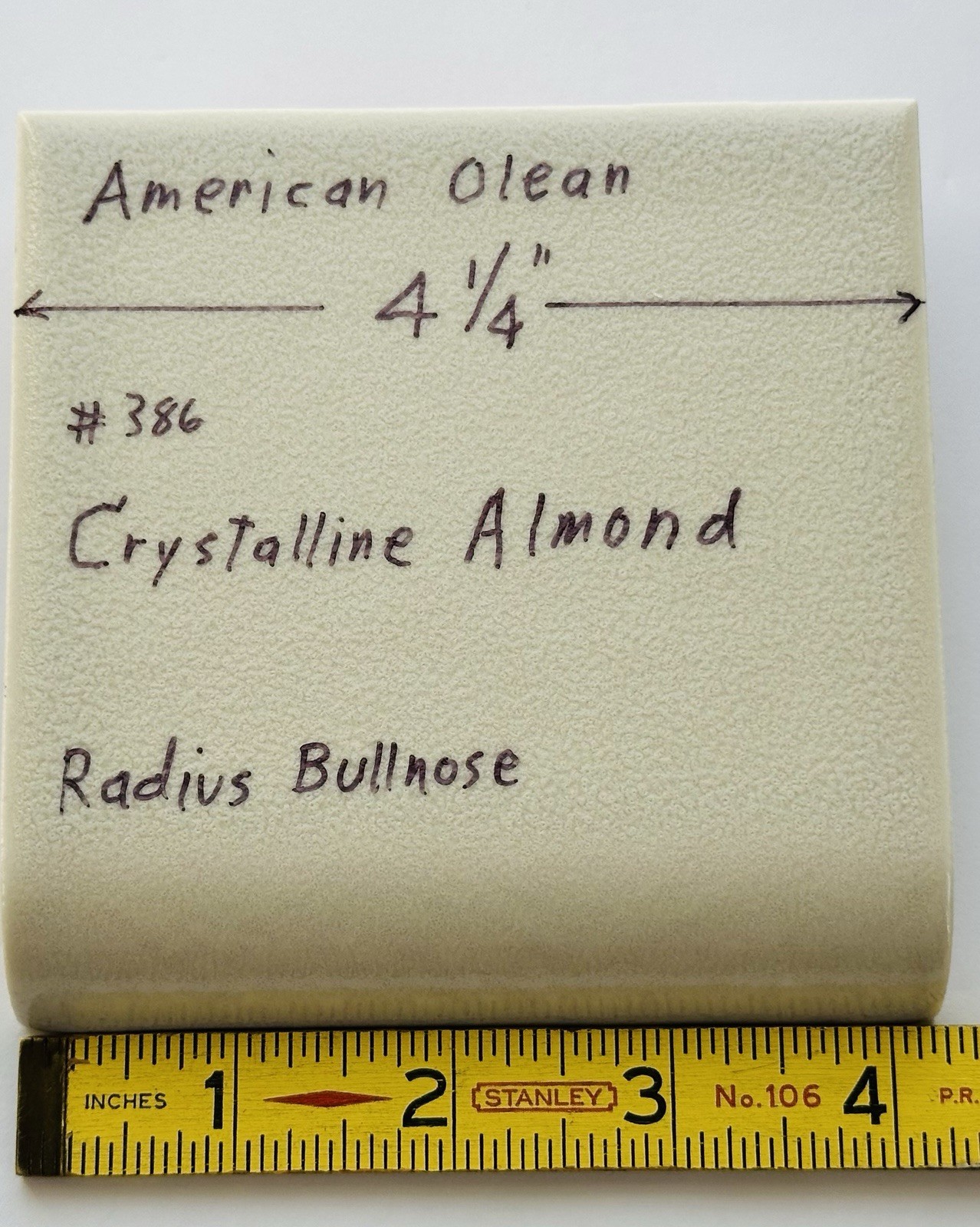 1 pc. Almond: Crystalline Ceramic Radius Bullnose Tile 4-1/4” American Olean