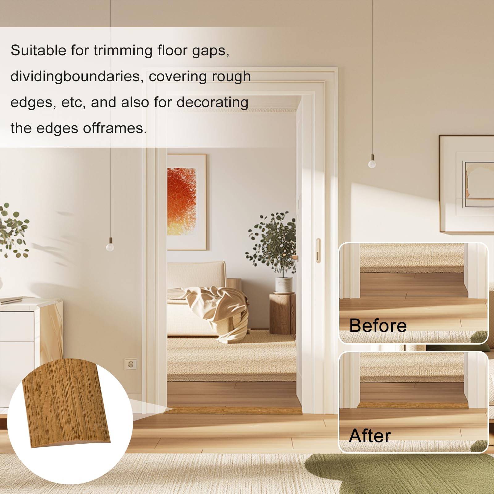 Vinyl Floor Transition Strip, Self Adhesive 3.28Ft, Light Brown Wood Grain