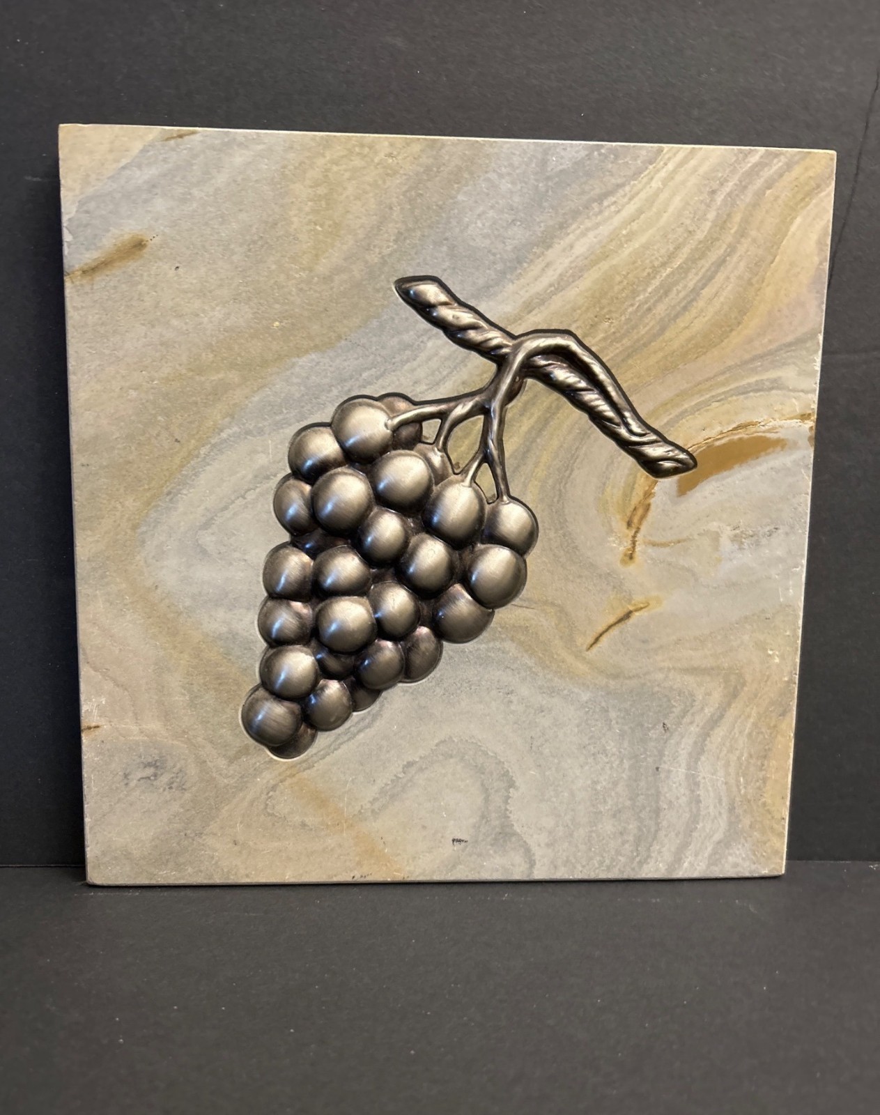 Marble with Inlaid Metal Grapes SET of 2 Designer 8″ x 8” Accent Tiles Tan Lot