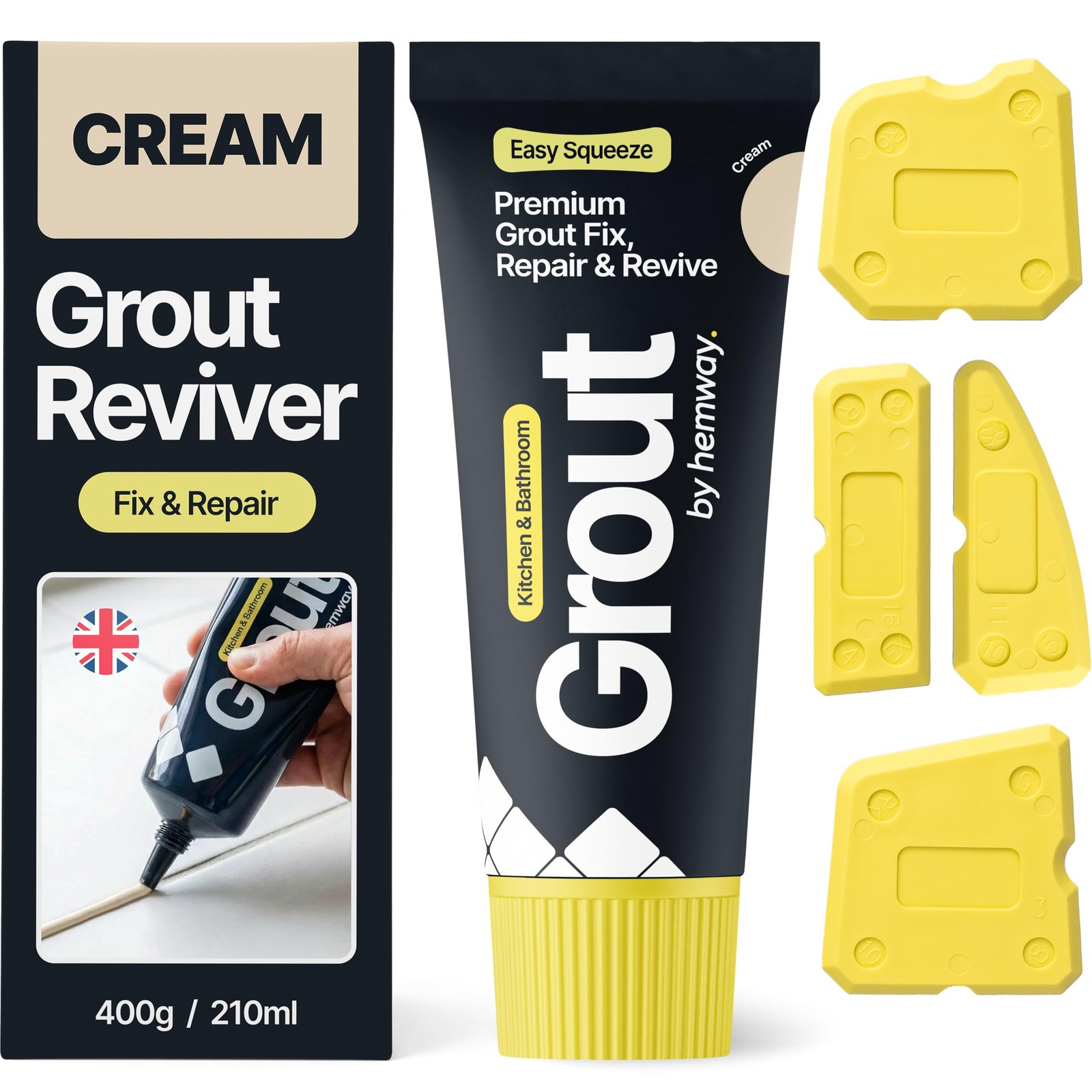 Cream Grout Reviver Kit | Ready Mixed Grout Repair 400g / 210ml with 4 Piece …
