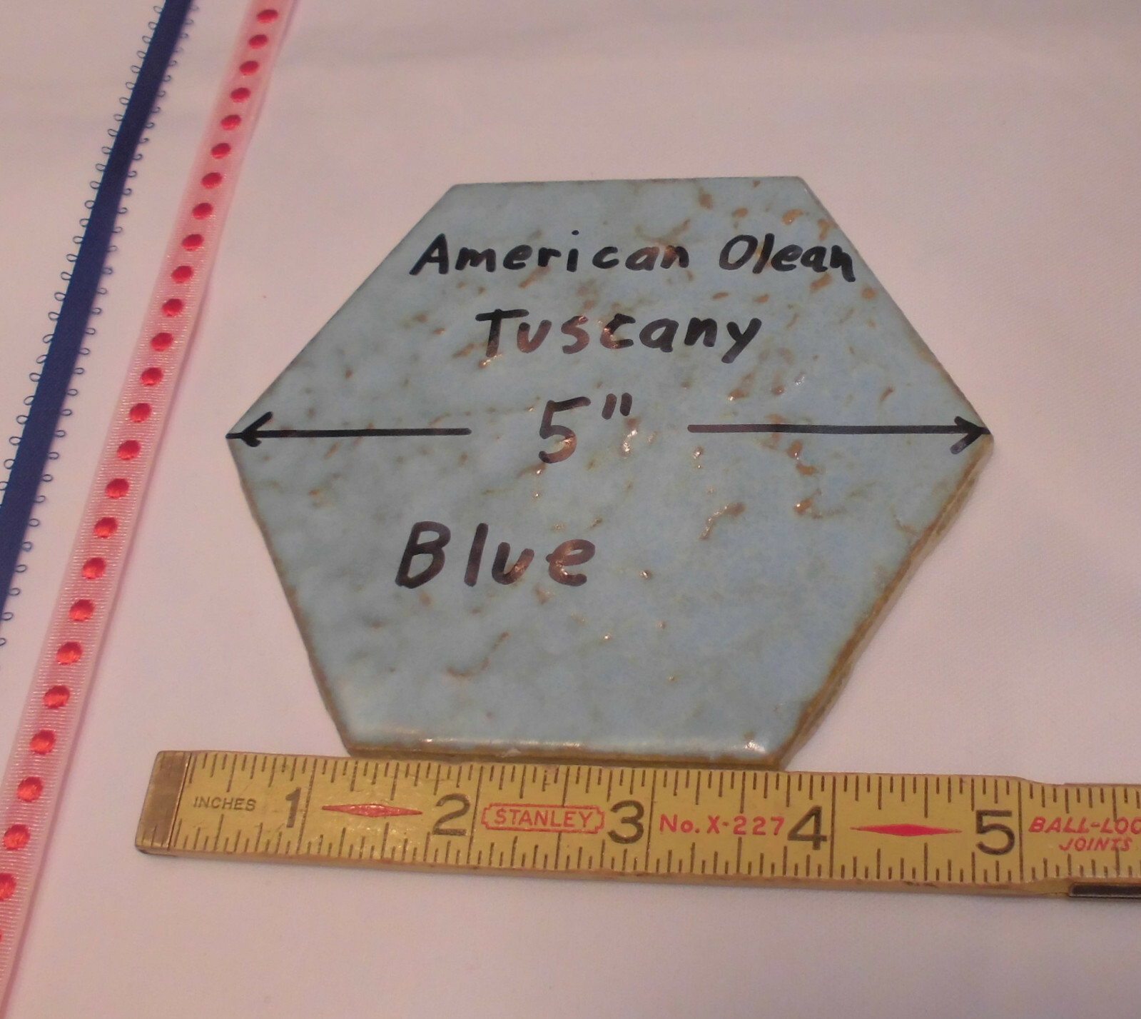 1 pc. *Blue Hexagon* Ceramic 5″ Tiles: Tuscany Glaze by American Olean 4-3/8″