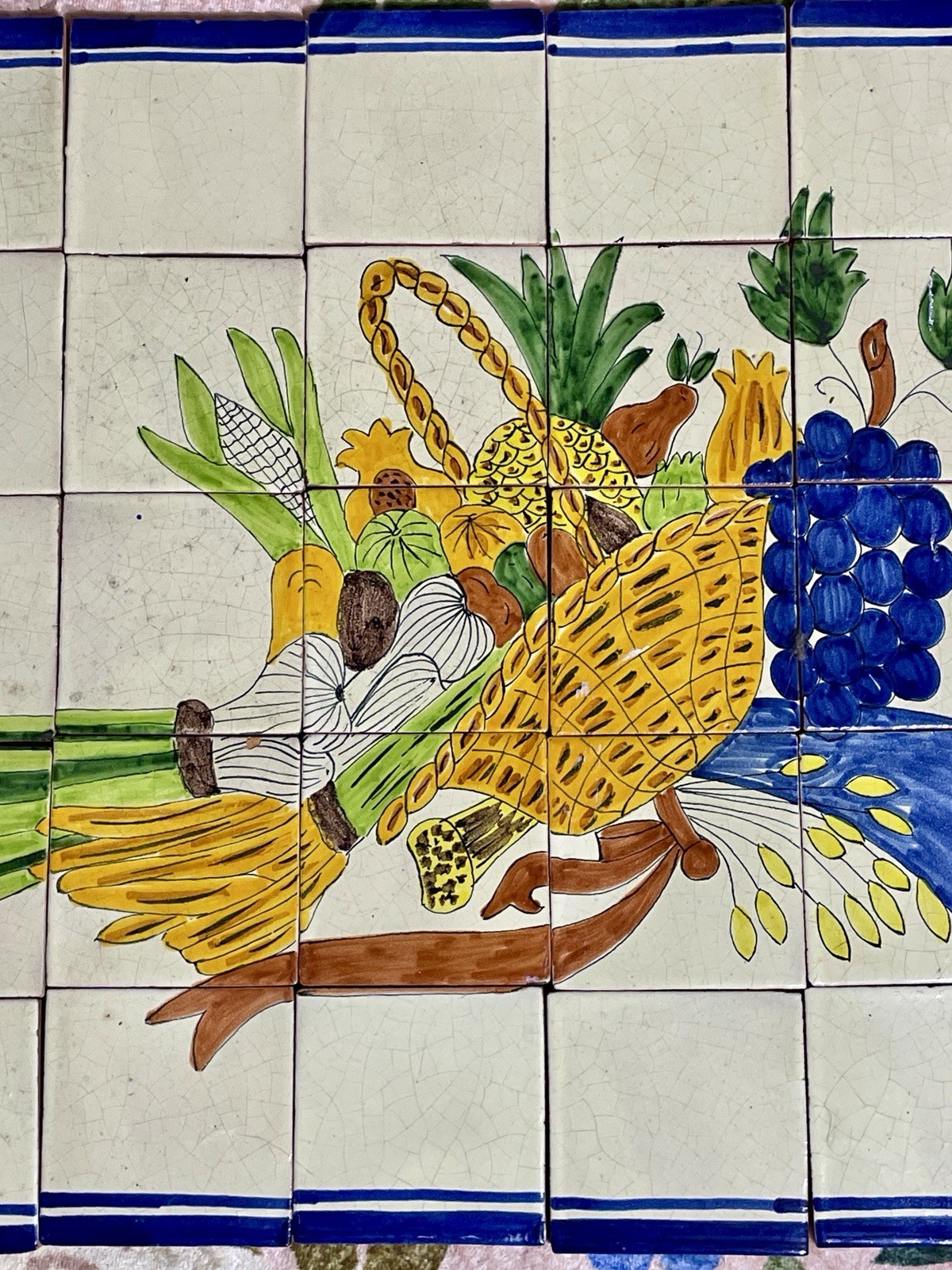 Vintage Mexican Talavera TILE MURAL Backsplash Fruit Basket 24”x20”