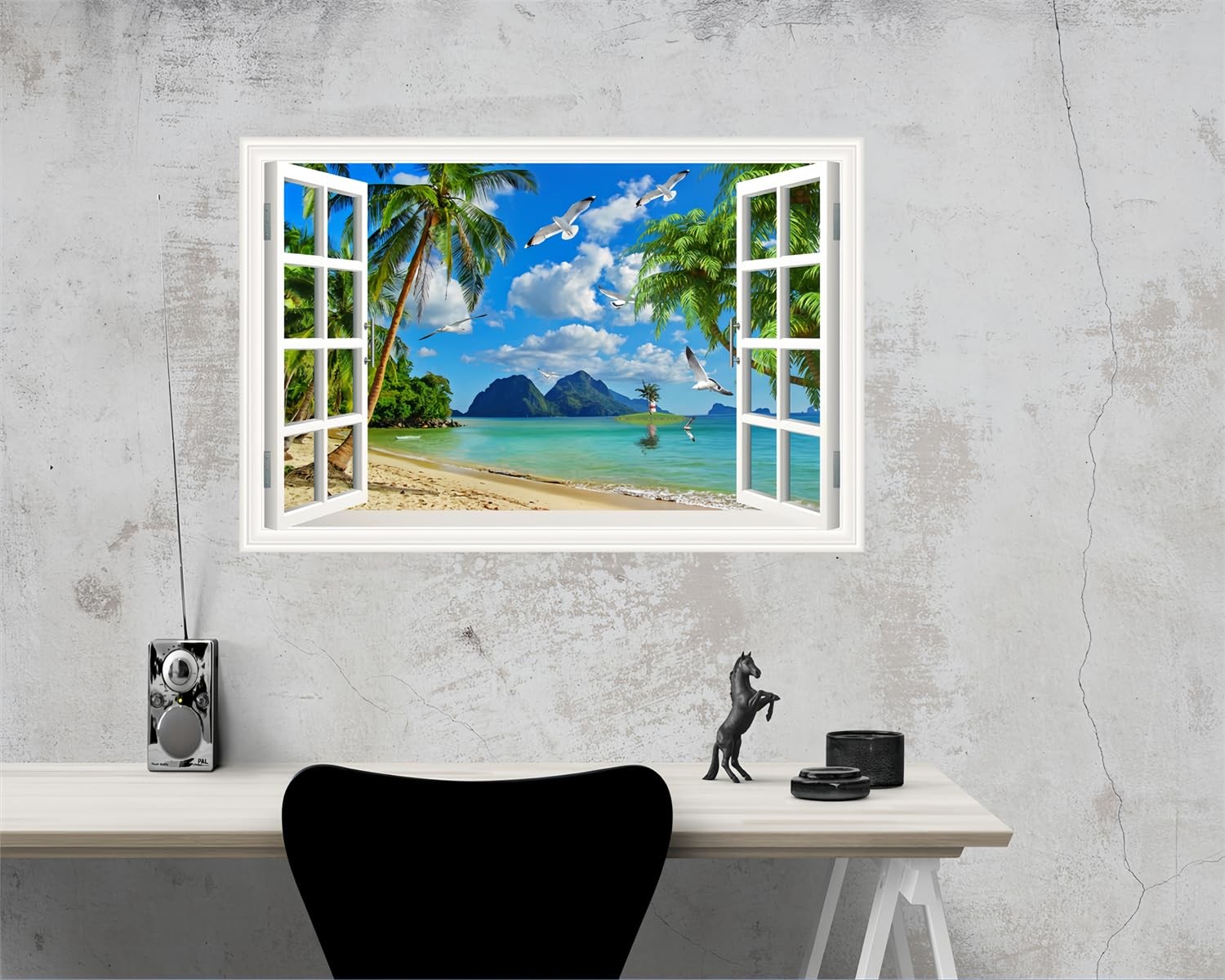 3D -Adhesive Painting Fake Window Wall Stickers Tropical Island with Palm Tre…
