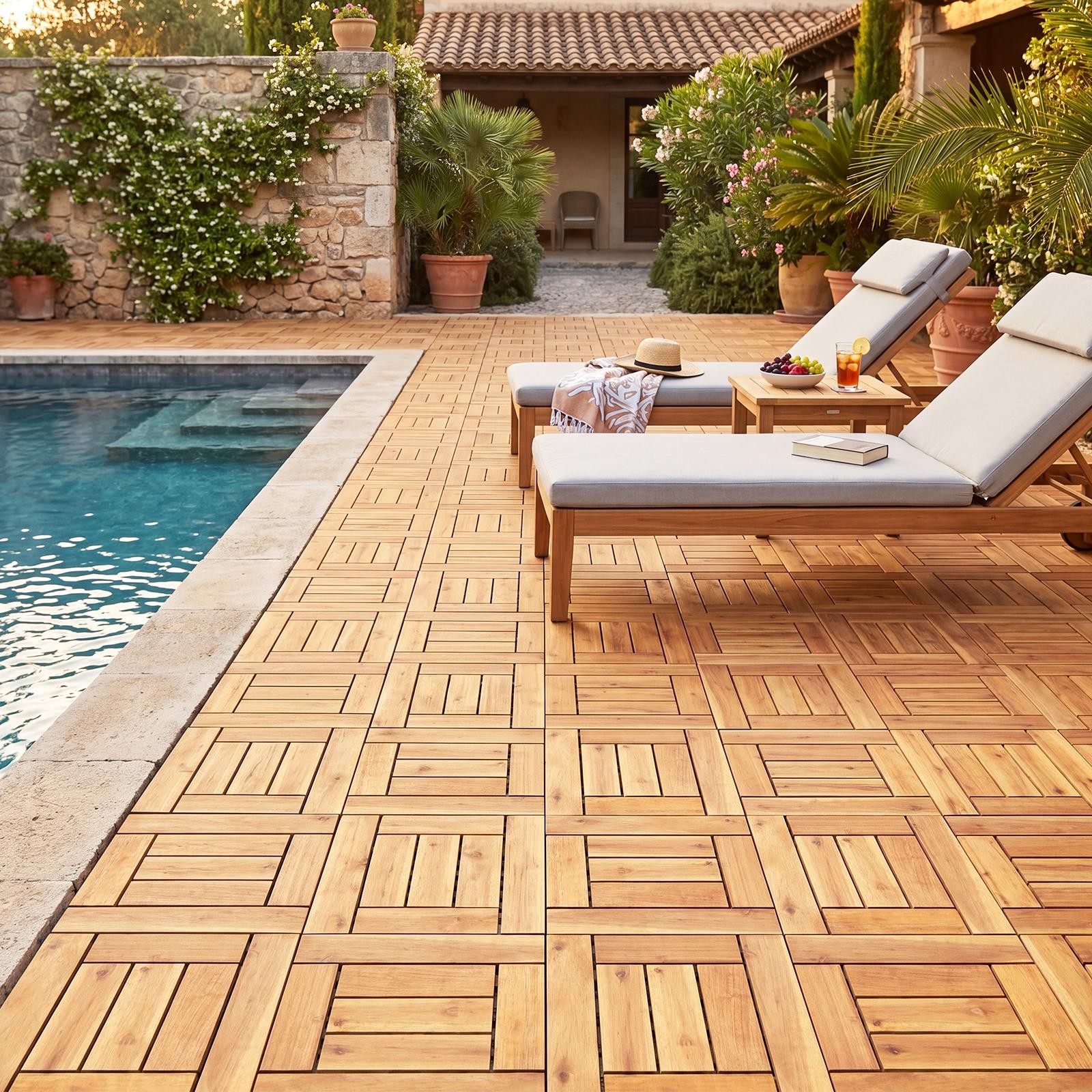 12″ x 12″ Acacia Wood Interlocking Deck Tiles54 PCS Waterproof Flooring Tiles