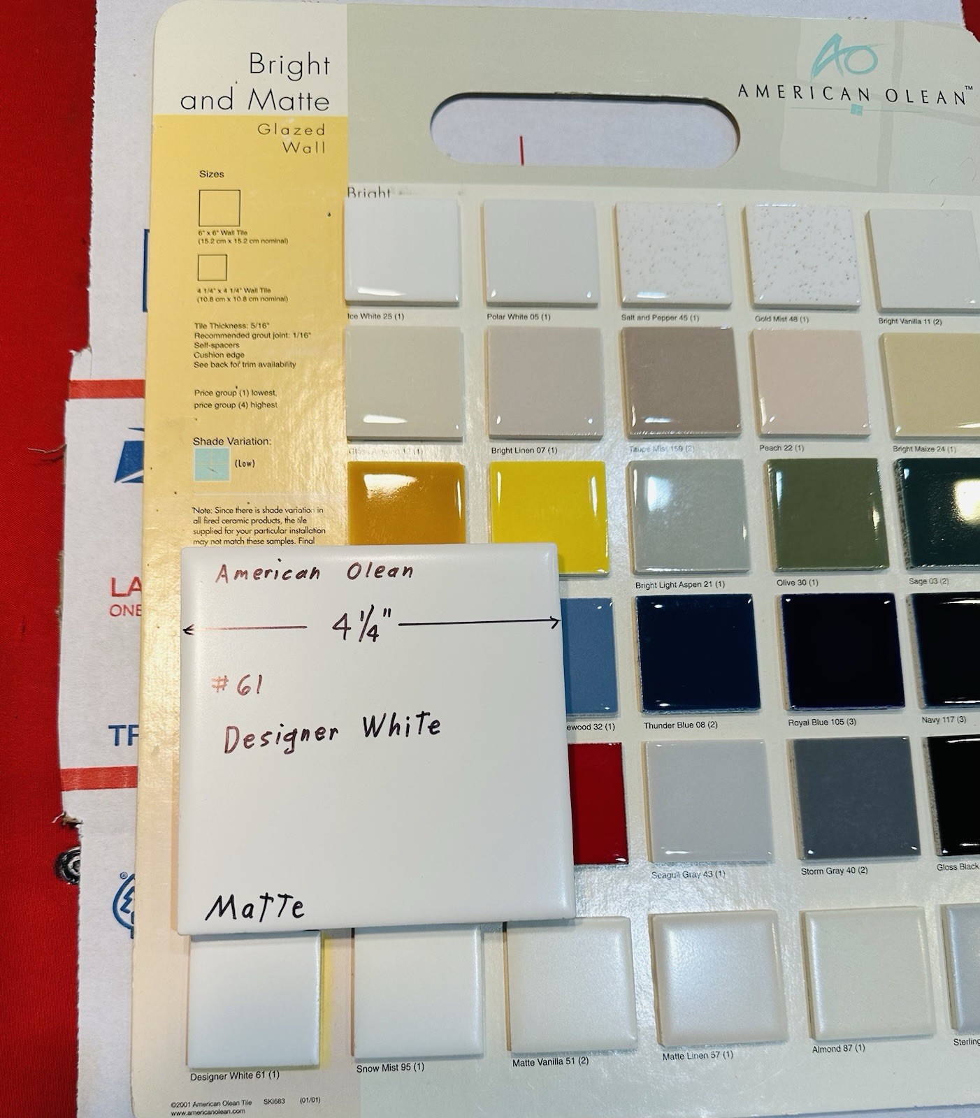 1 pc. Matte Designer White, #61 by American Olean 4-1/4″ Ceramic Tile: NEW STOCK