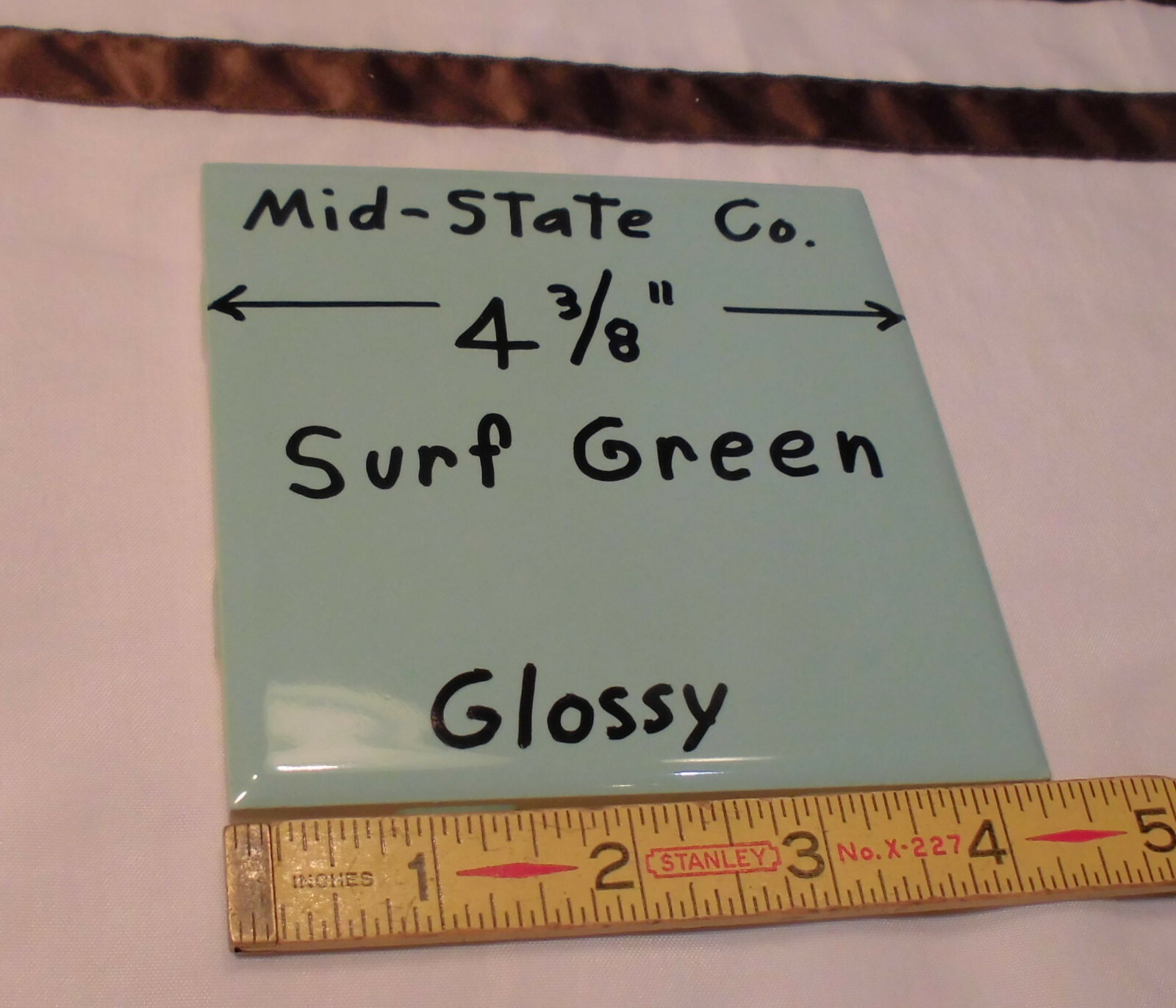 1 pc. Vintage Ceramic Tile *Surf Green* 4-3/8″ by Mid-State Tile Co. (NOS)