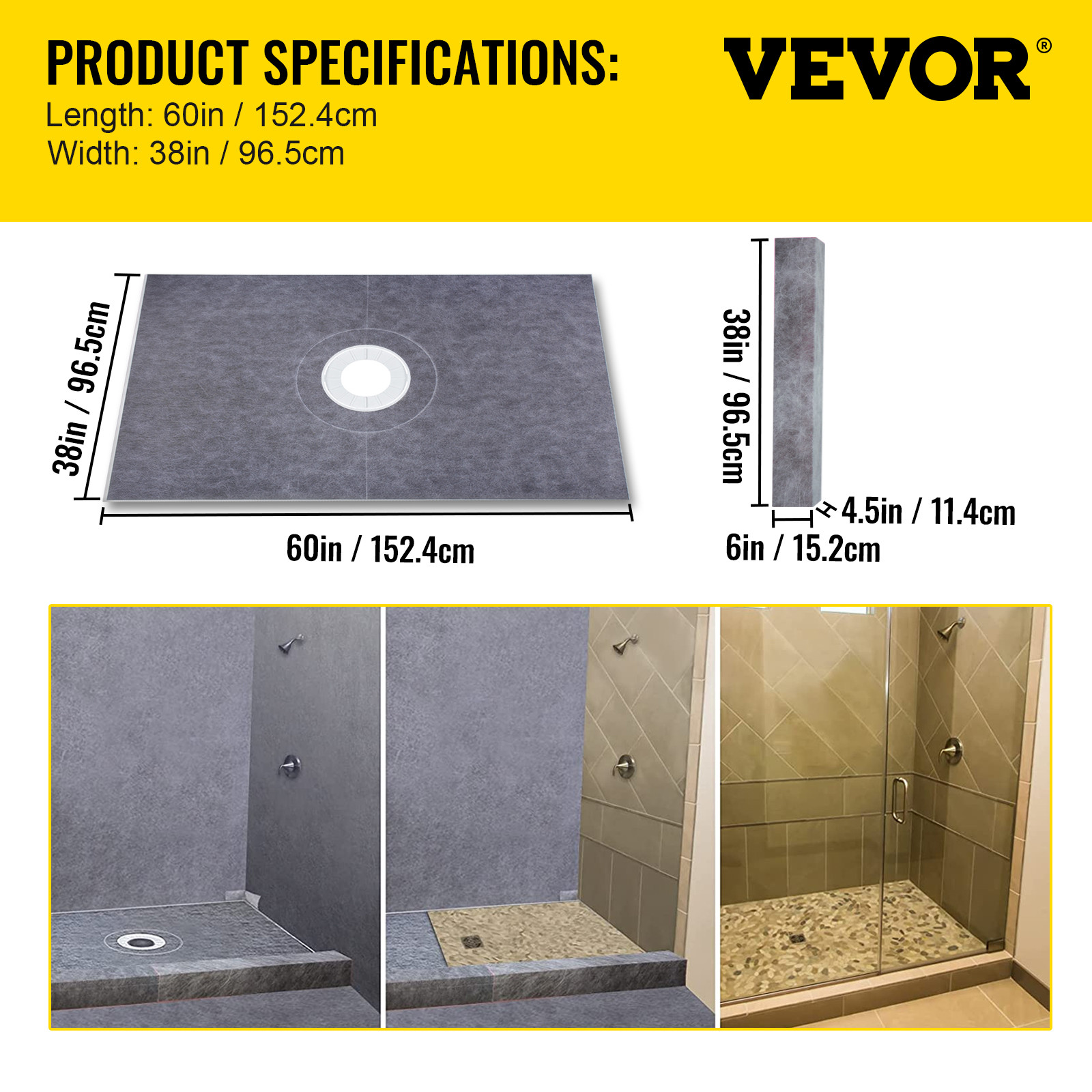 VEVOR Waterproofing Shower Kit Shower Kit Tray 38”x60” with Central Drain ABS
