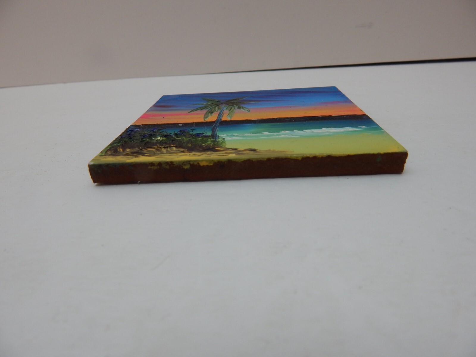 Painted Clay Tile Beach Water Palm Tree Sunset 4 In X 4 In Bathroom Kitchen w278