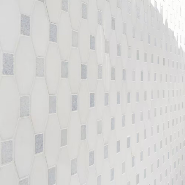 Diapson White Thassos and Blue Celeste 9.75 in. x 10 in. Marble Mosaic Tile
