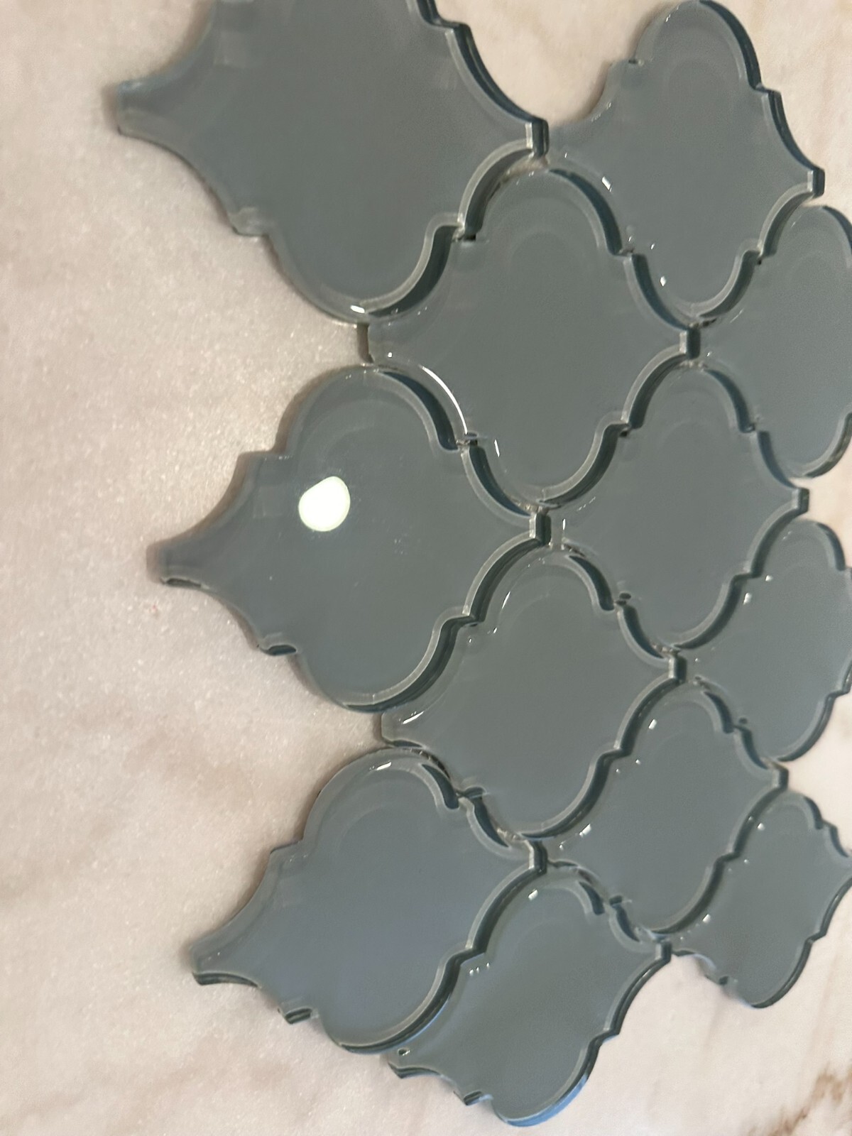 Gray Arabesque Glossy Glass Mosaic 9″x13″ Offset